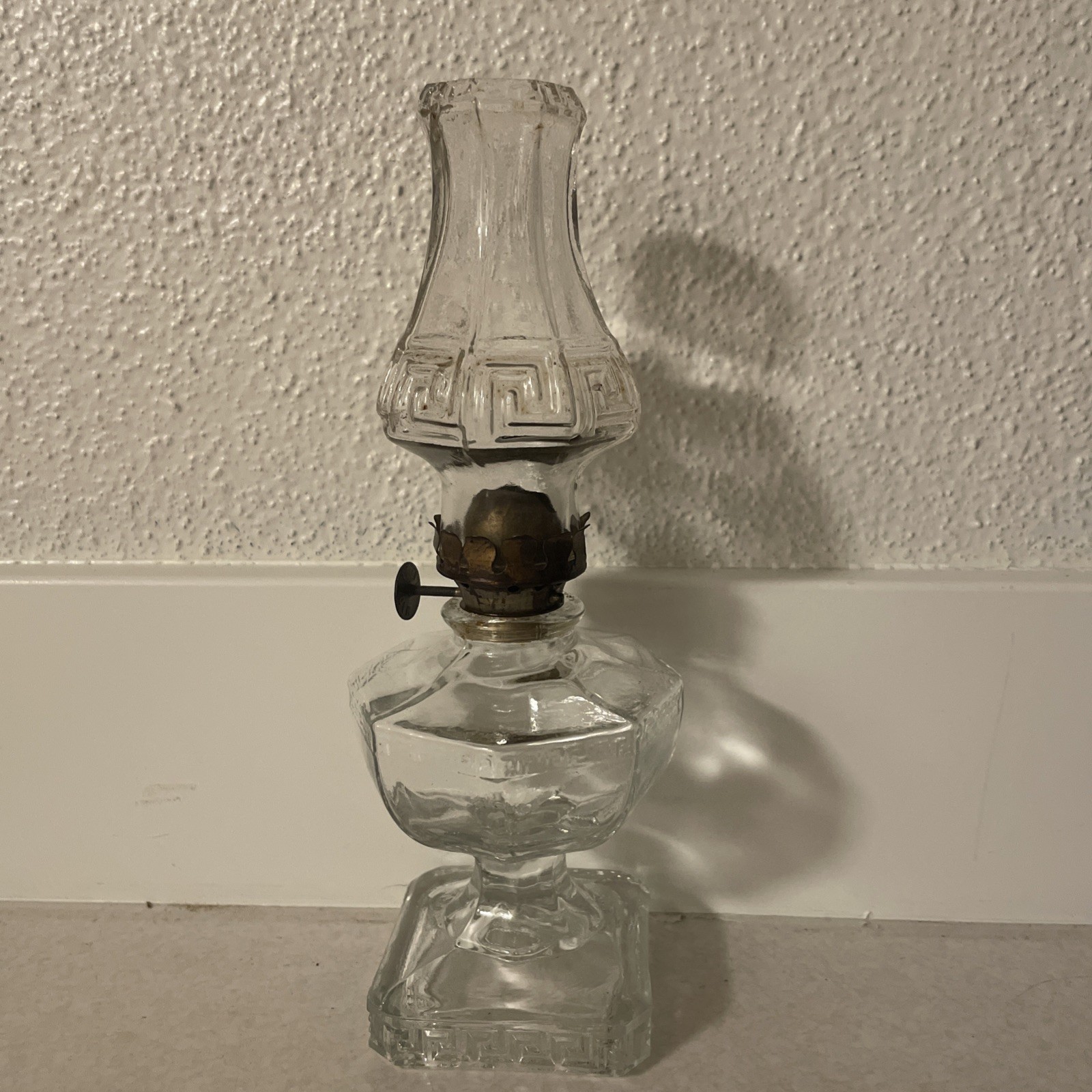 Vintage 1911 Clear Greek Key Miniature Oil Lamp | 8” Tall