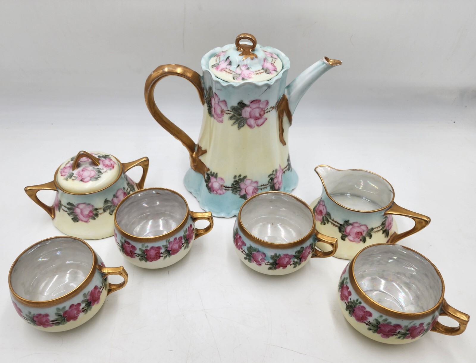 Antique Z.S. & C Bavaria Teapot Set Of 7 Floral Rose Design Antique Z.S. & C Bavaria Teapot Set Of 7 Floral Rose Design