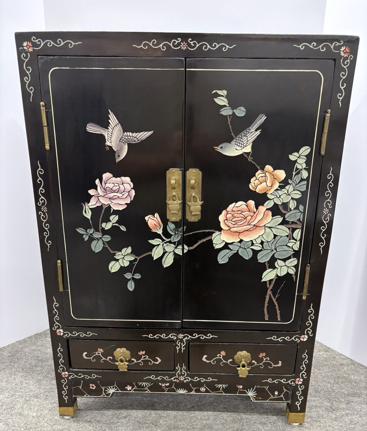Vintage Asian Black Lacquer Cabinet Hand Painted Birds Flowers Brass Hardware Vintage Asian Black Lacquer Cabinet Hand Painted Birds Flowers Brass Hardware