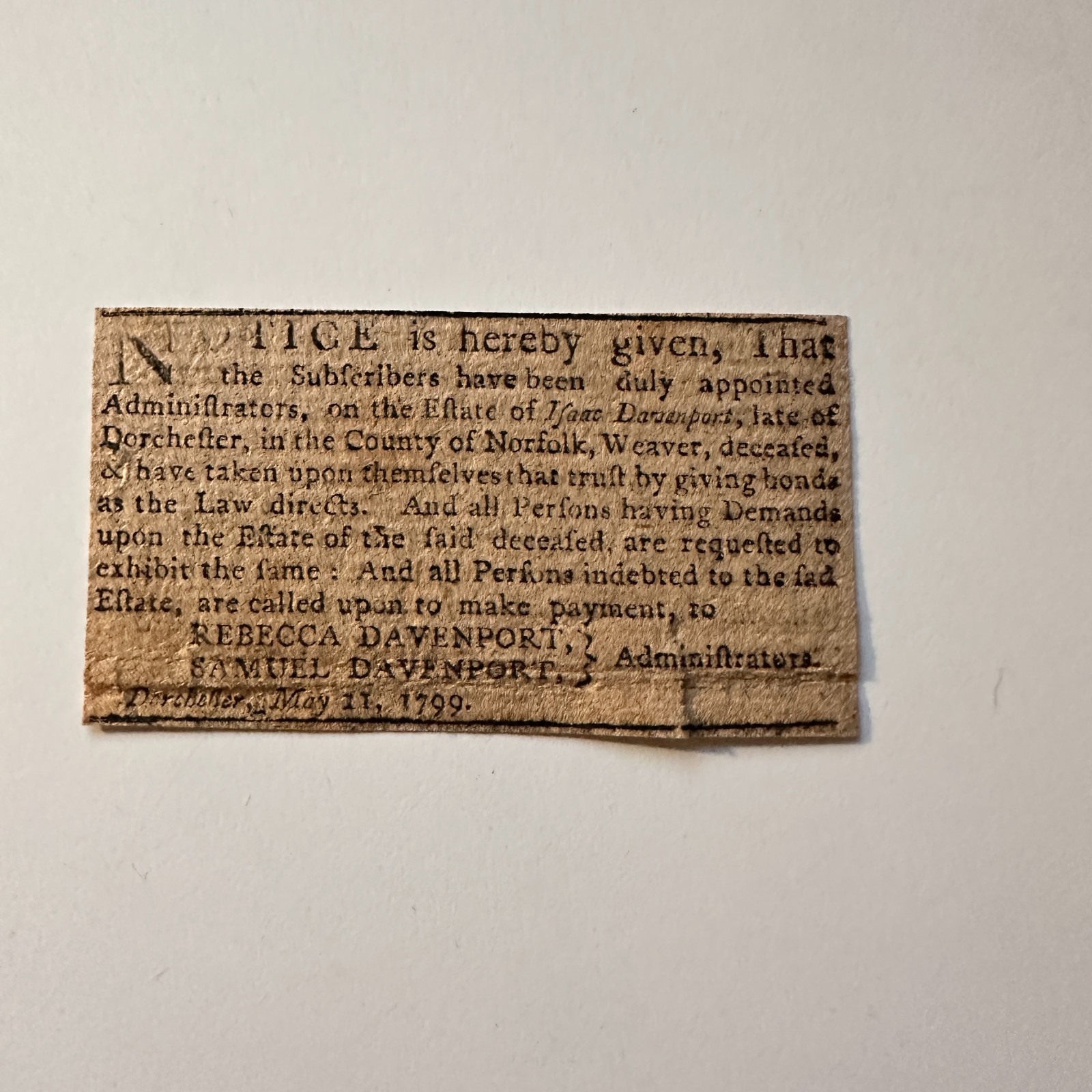 Estate Of Jane Davenport 1799 Rebecca & Samuel Davenport 1799 Clipping TAK8-S36 Estate Of Jane Davenport 1799 Rebecca & Samuel Davenport 1799 Clipping TAK8-S36