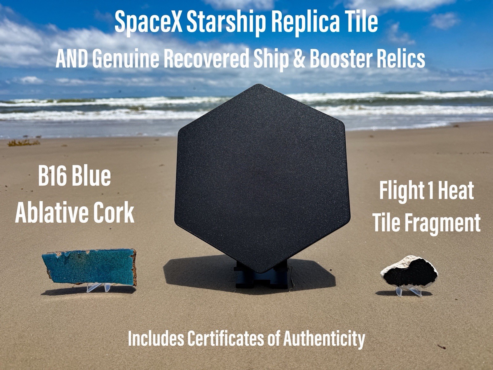Space X Starship Replica Tile AND Genuine Recovered Ship & Booster Relics Set