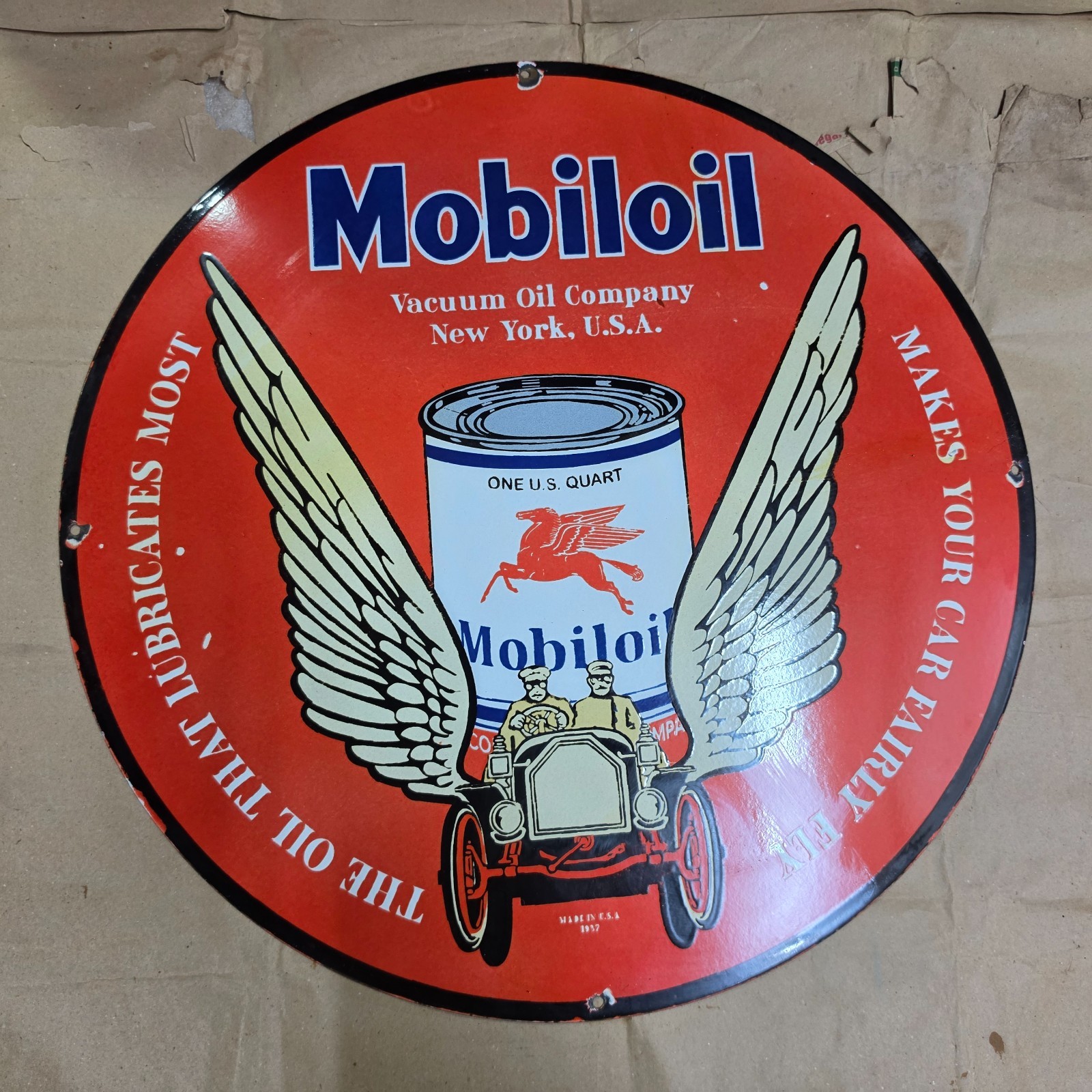 MOBILOIL WINGS PORCELAIN ENAMEL SIGN 29 X 29 INCHES