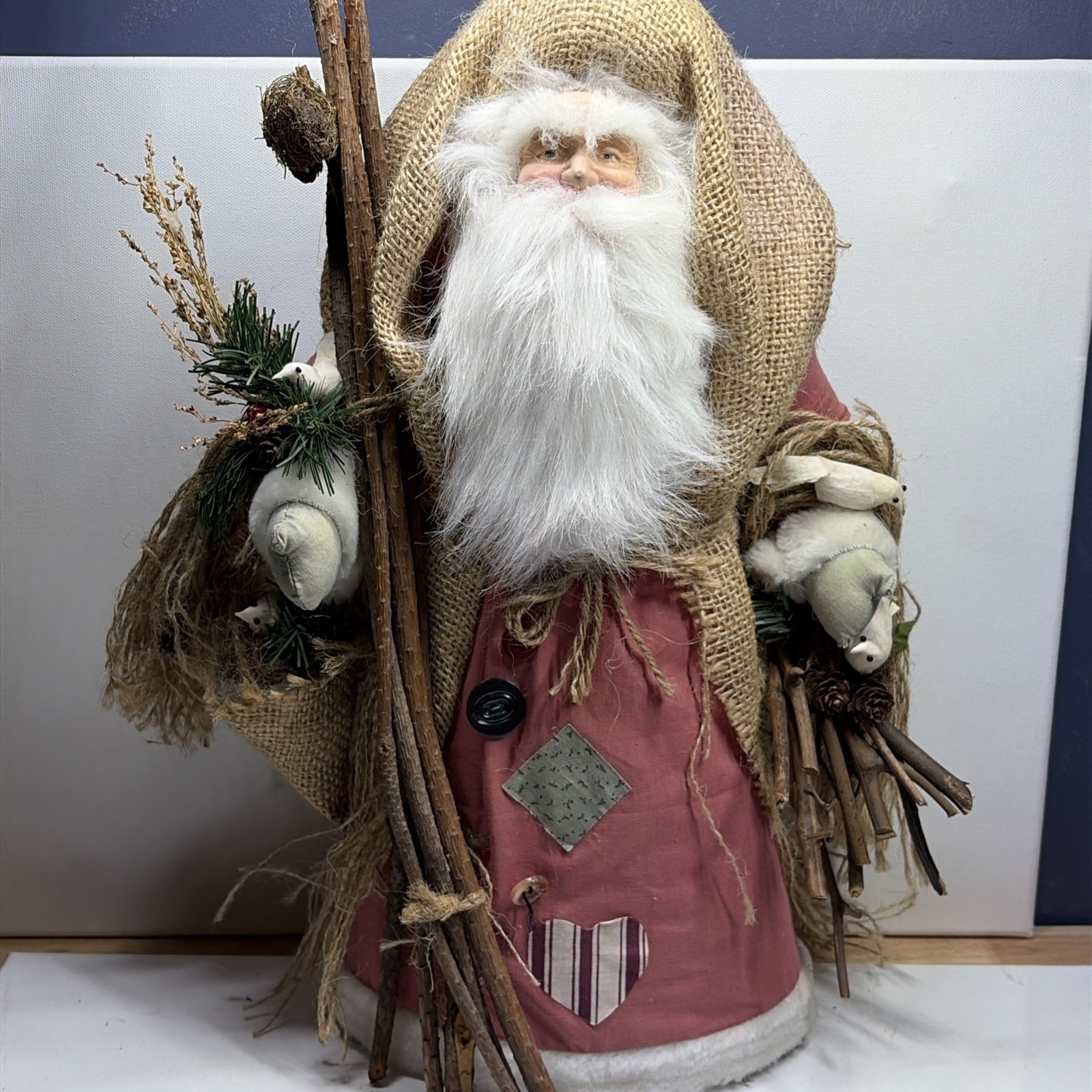 Bronson Collectibles Santa Claus Woodland Rabbit Birds Burlap Christmas Decor