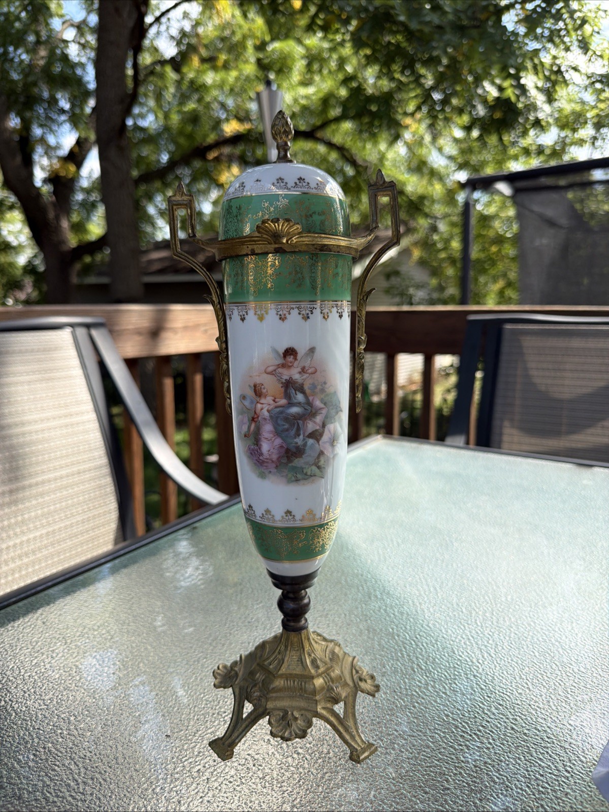 Vintage Sevres Style French Porcelain Lidded Urn Gilt Ormolu Bronze Green