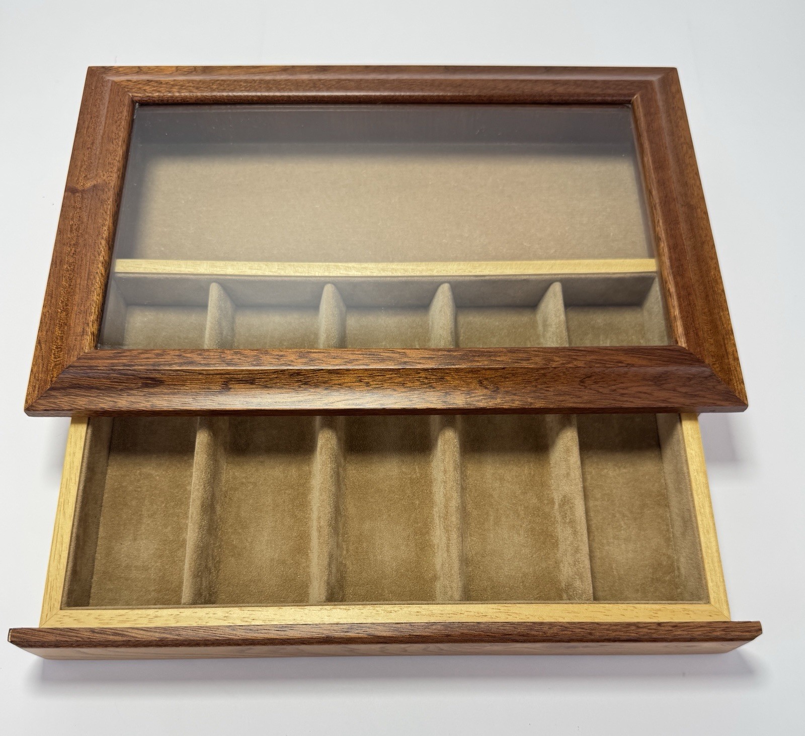 Italian Wood Glass Top/ Sliding Drawer Display Case 5 Slot Jewelry Pen Knife Box