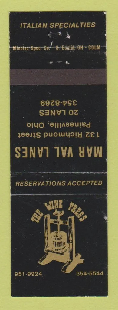 Matchbook Cover - The Wine Press Mar Val Lanes Bowling Painesville OH