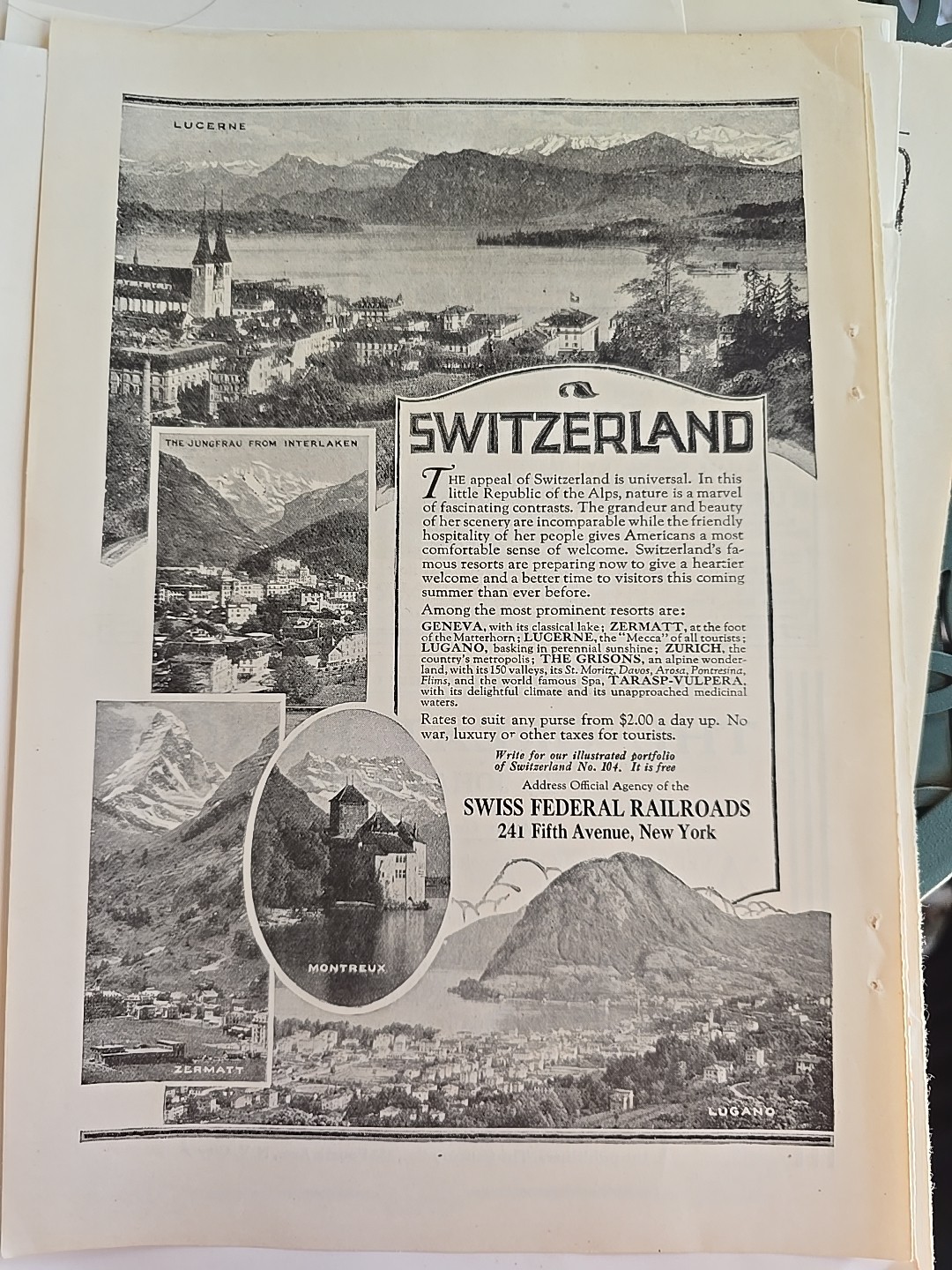 1923 Swiss federal railroads Switzerland Lucerne Montreux Lugano Zermatt ad