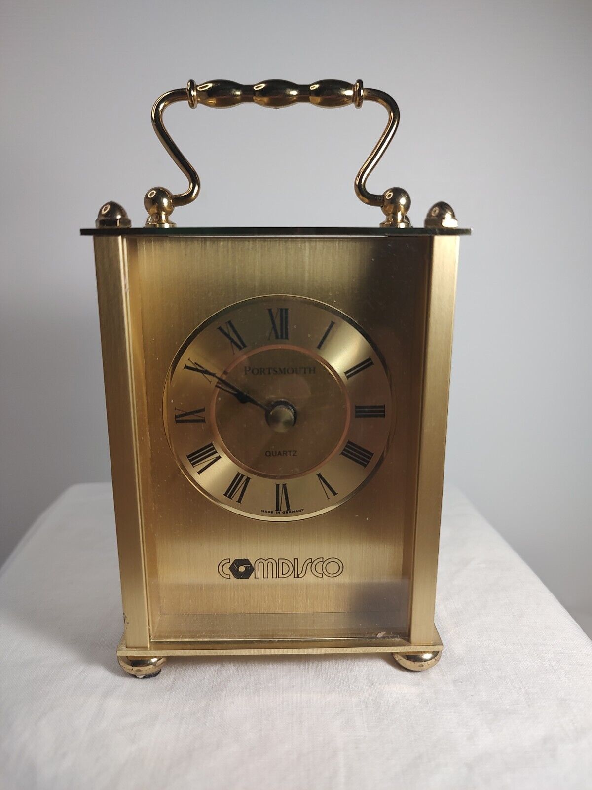 Vintage Portsmouth Quartz Gold Mantle Clock Made In Germany With Comdisco Logo 