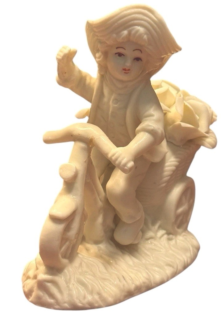 Vintage Boy Bike White Bisque Porcelain Figurine Boy Century Roses Figure Italy