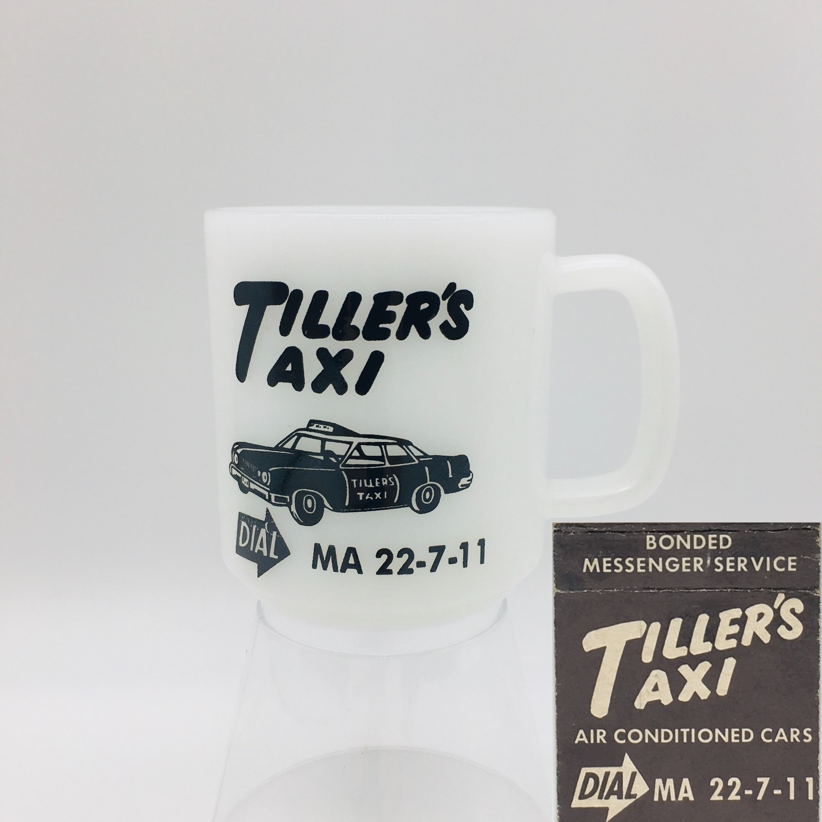 Tiller's Taxi Service Milk Glass Coffee Mug + Matchbook Cover Norfolk Virginia