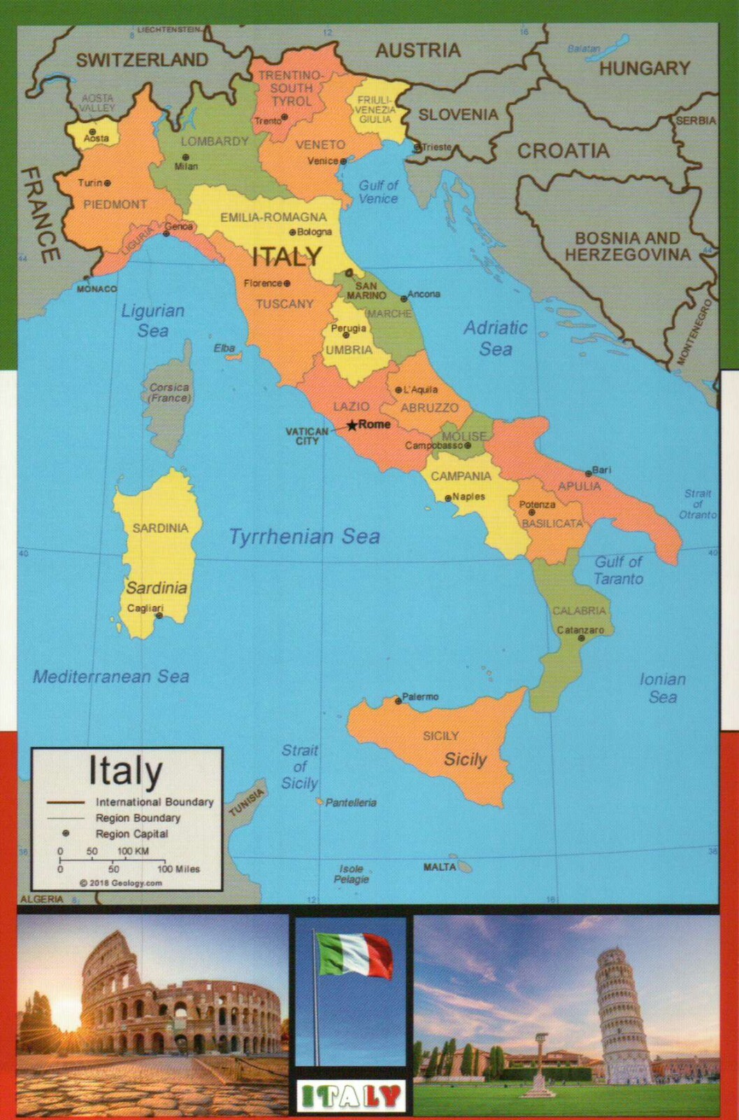 Map of Italy, Flag, The Colosseum, Rome, Tower of Pisa etc. --- Modern Postcard Map of Italy, Flag, The Colosseum, Rome, Tower of Pisa etc. --- Modern Postcard