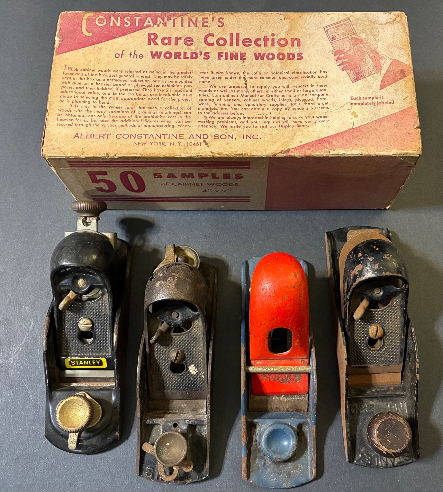 4 VINTAGE STANLEY PLANES: 2 England 2 U.S.A. + Vintage CONSTANTINE’S 50 SAMPLES