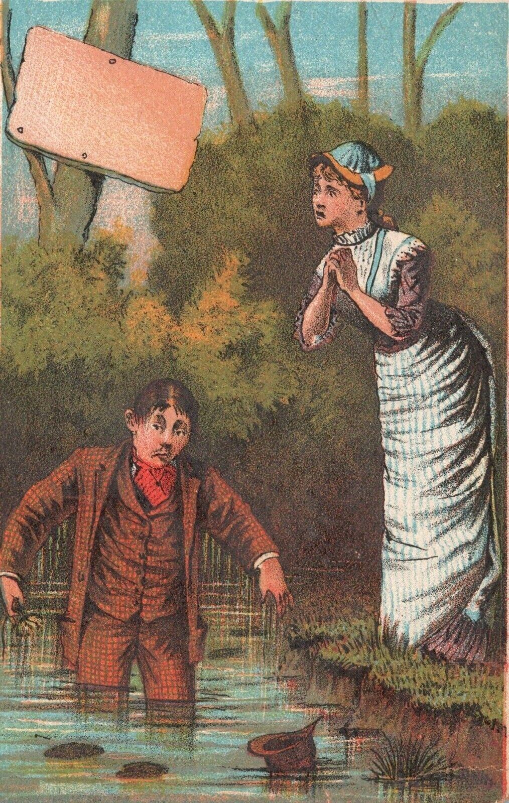 1880-90's Man Falls into Water as Woman Watches Well Dressed Trade Card 1880-90's Man Falls into Water as Woman Watches Well Dressed Trade Card