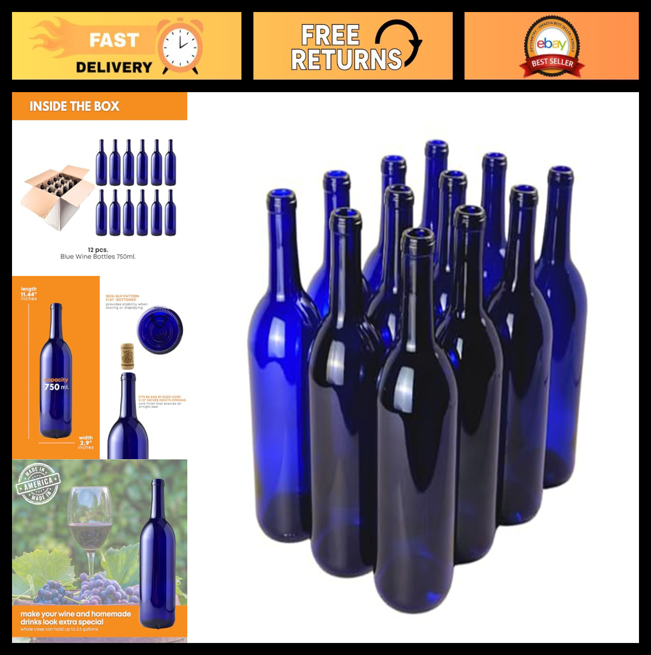750ml Cobalt Blue Wine Bottles (Pack of 12) - Empty Bordeaux Liquor Bottles