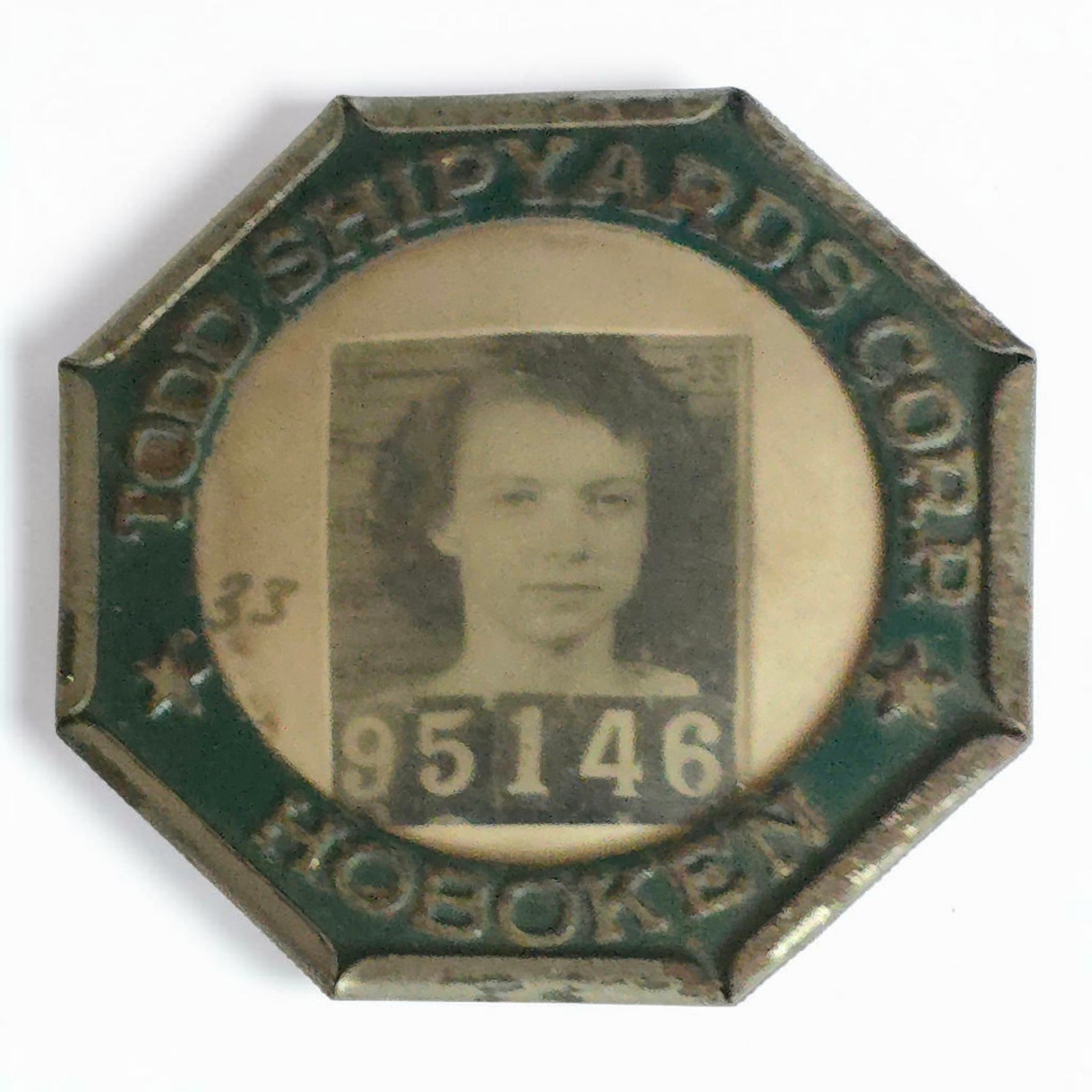 Vintage Todd Shipyards Corp Employee ID Badge Button Woman Worker Hoboken NJ