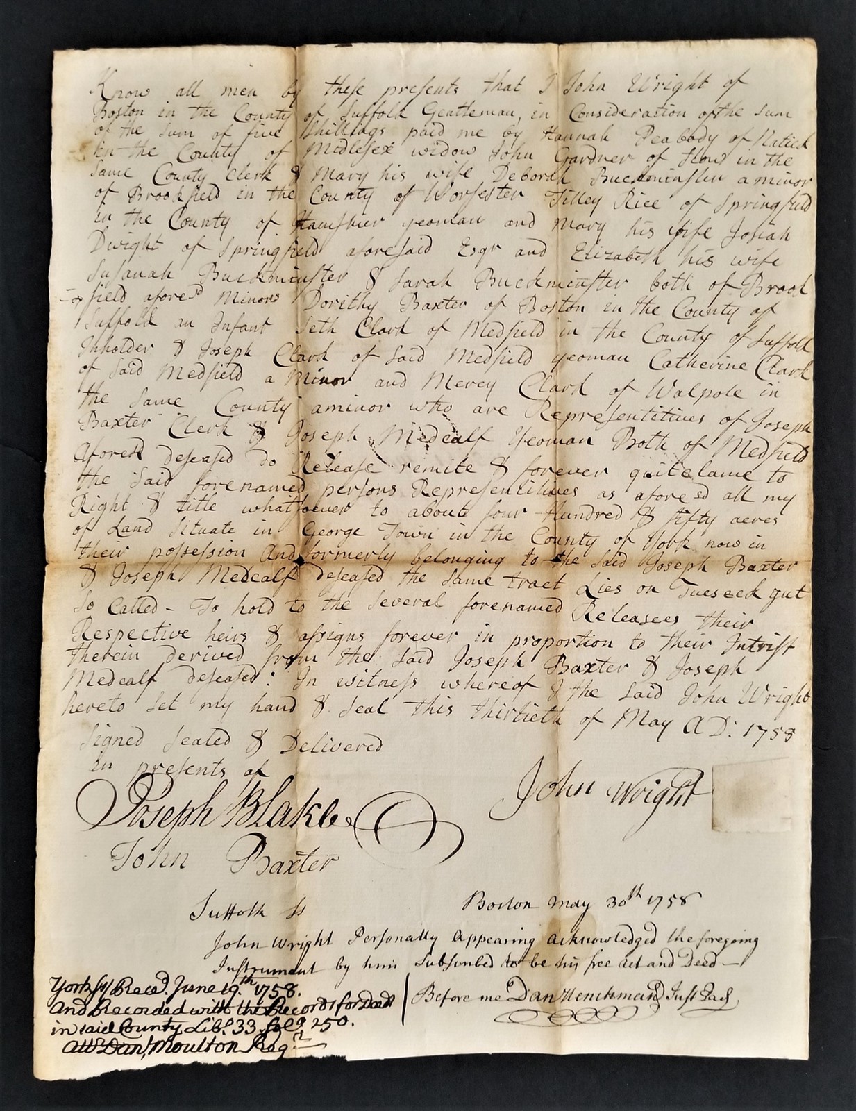 1758 antique COLONIAL DEED boston georgetown me 