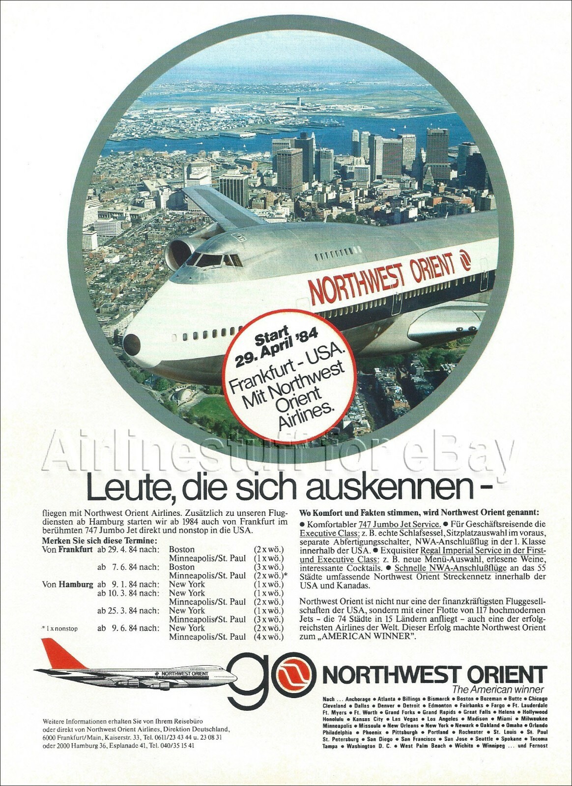 1984 NORTHWEST ORIENT BOEING 747 over BOSTON BOS ad airlines advert airways