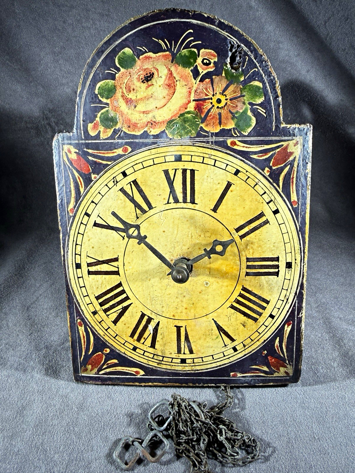 Antique Black Forest Shield Folk Art Floral Painted Wood Wall Clock Parts