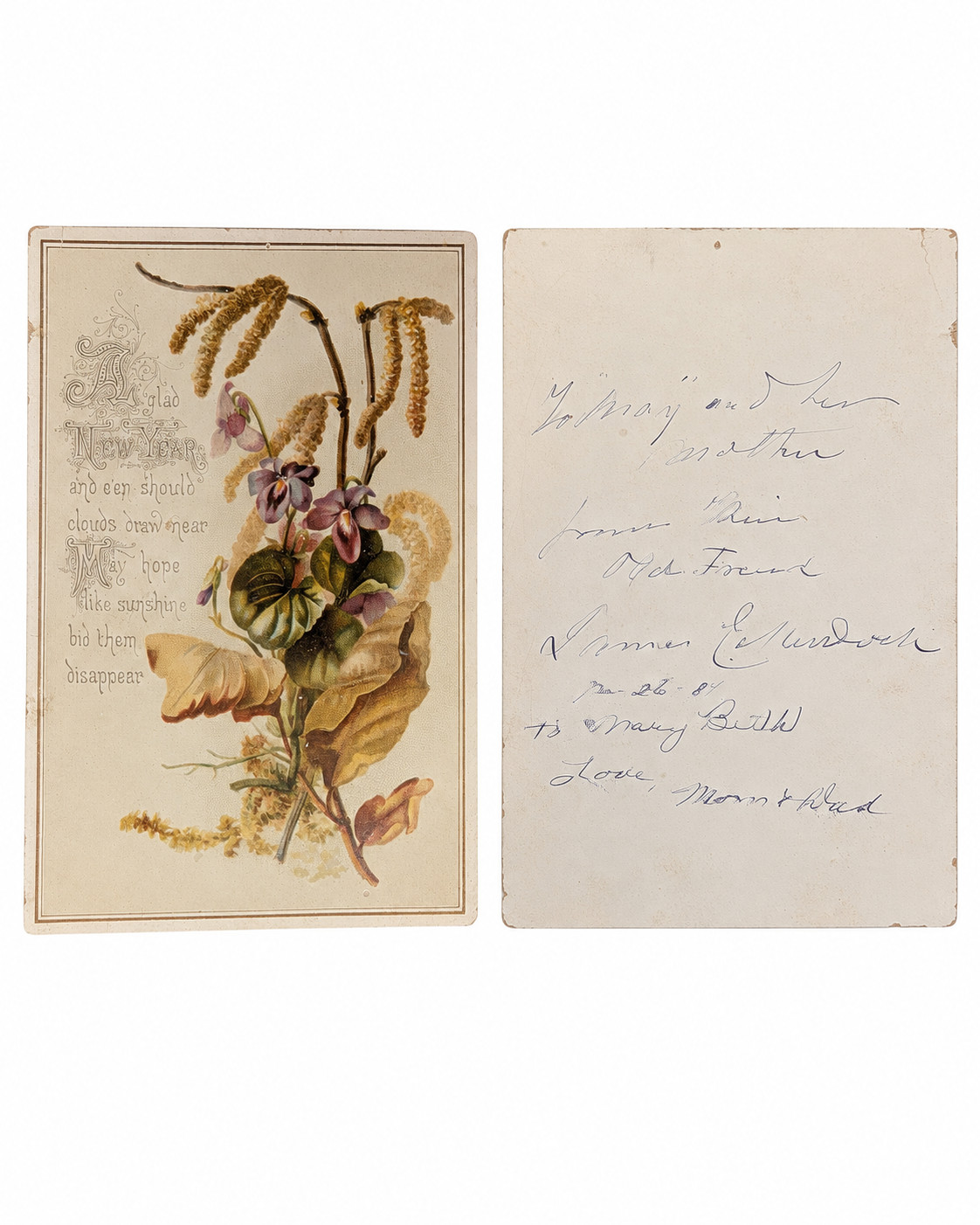 Antique 1881 Victorian New Year Greeting Card Floral Violets Ephemera