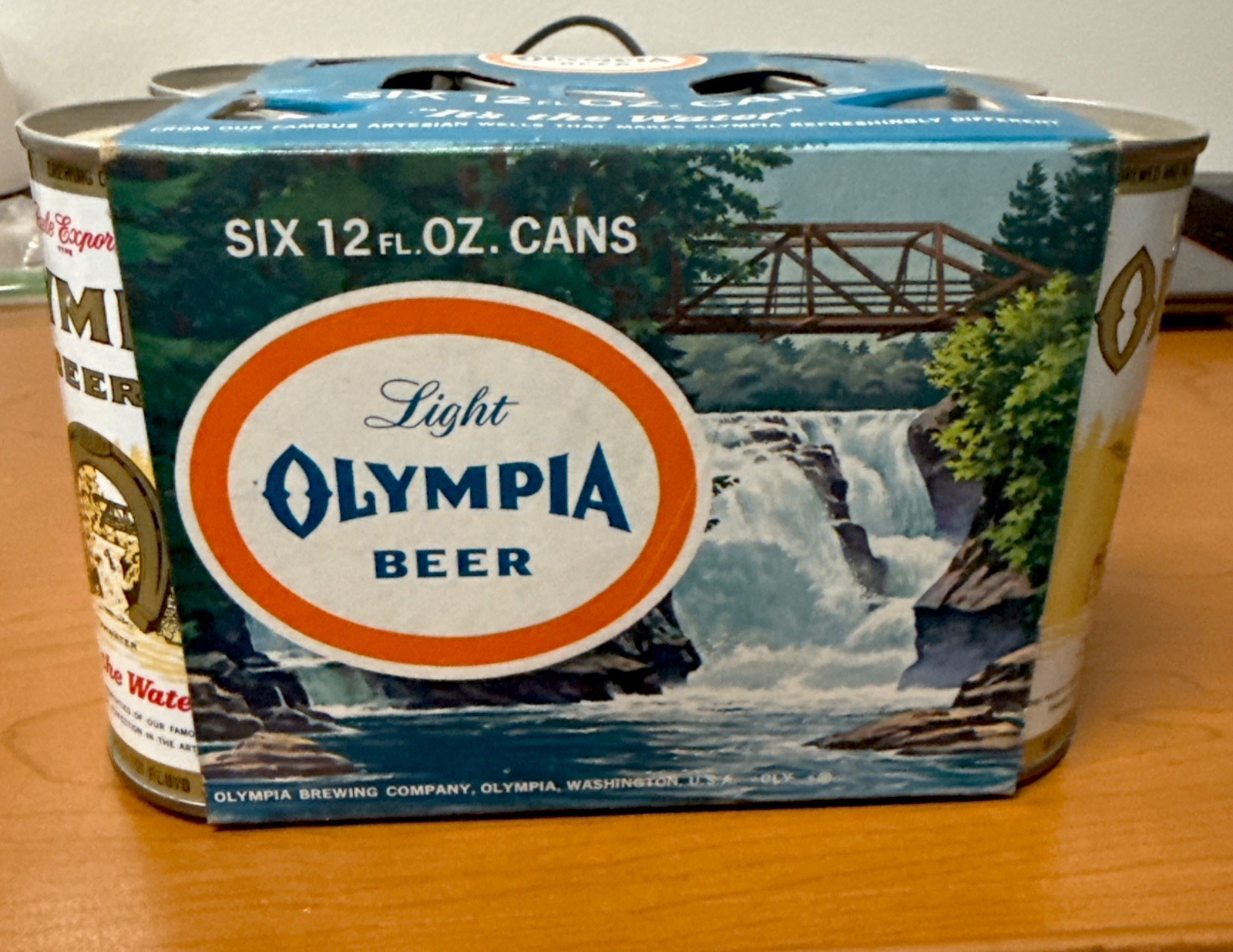 Vtg 1970s Olympia Light Beer 6 Pack EMPTY Bottom Drained Cans Intact Pull Tabs