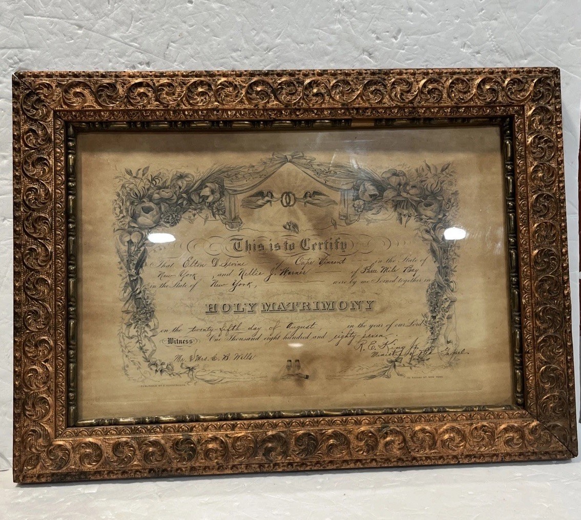 Antique 1887 Framed Marriage Certificate Ornate Gold Gilded Cesso Wood Frame Antique 1887 Framed Marriage Certificate Ornate Gold Gilded Cesso Wood Frame