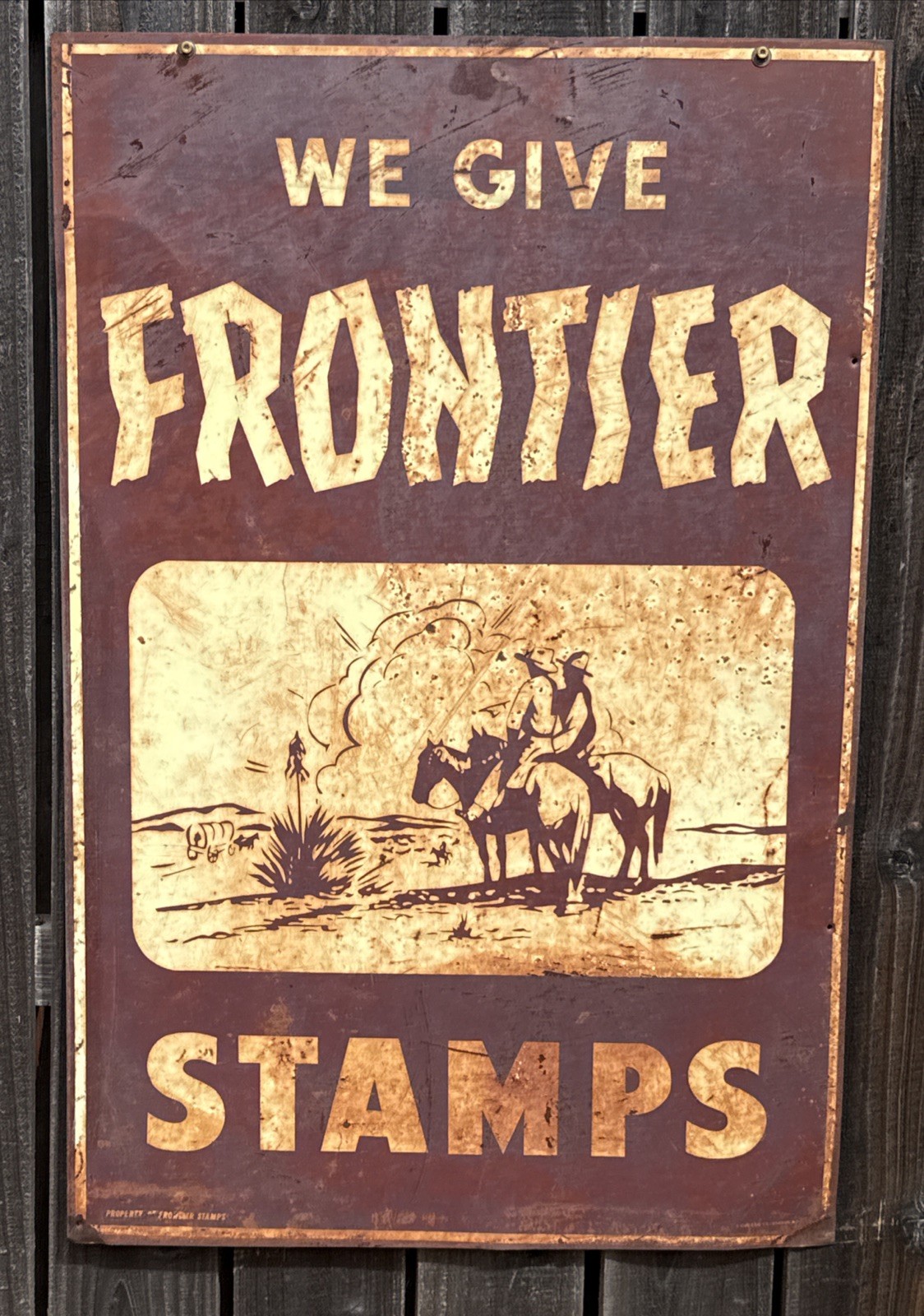 VERRY RARE LG. 2-SIDE “FRONTIER STAMPS” TEXAS/ NEW MEXICO METAL SIGN 23.5”X33.5”