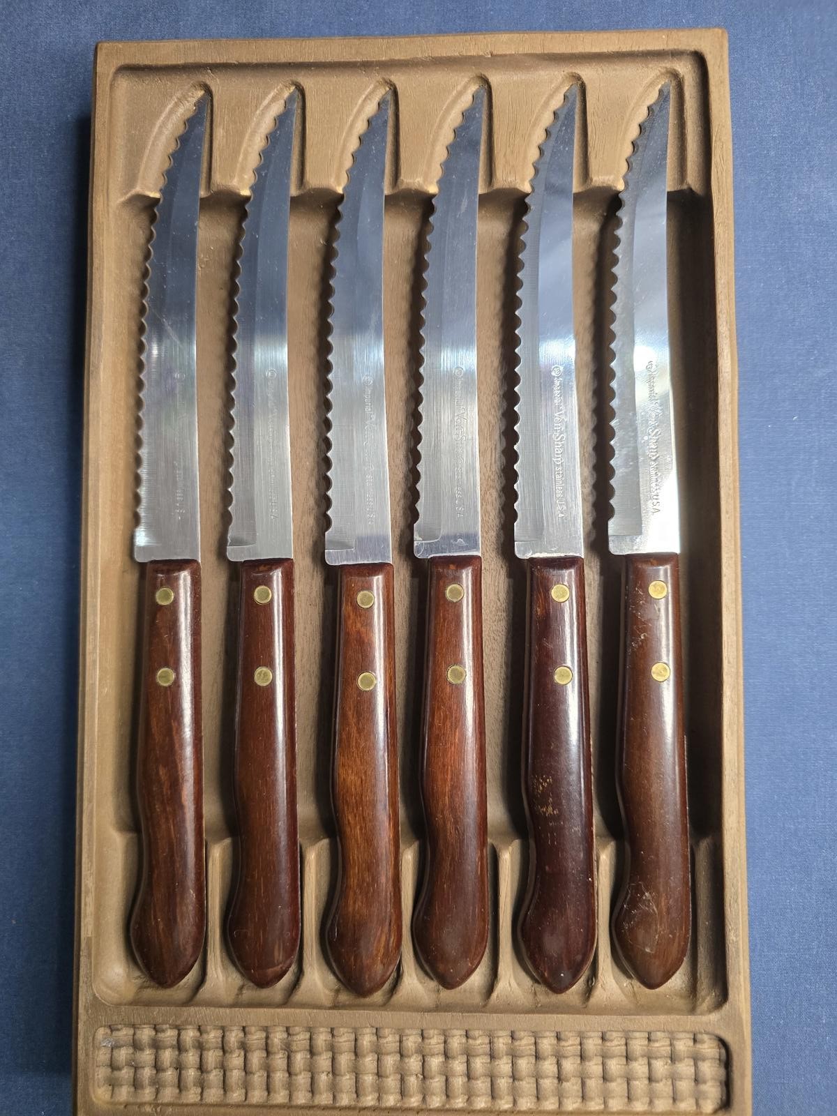 Vintage Imperial Veri-Sharp Steak Knives Stainless Wooden Handles Set of 6- 9 Vintage Imperial Veri-Sharp Steak Knives Stainless Wooden Handles Set of 6- 9