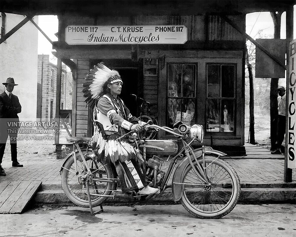 Native American Indian on Indian Motorcycle 1910 Vintage Photo Wall Art Print
