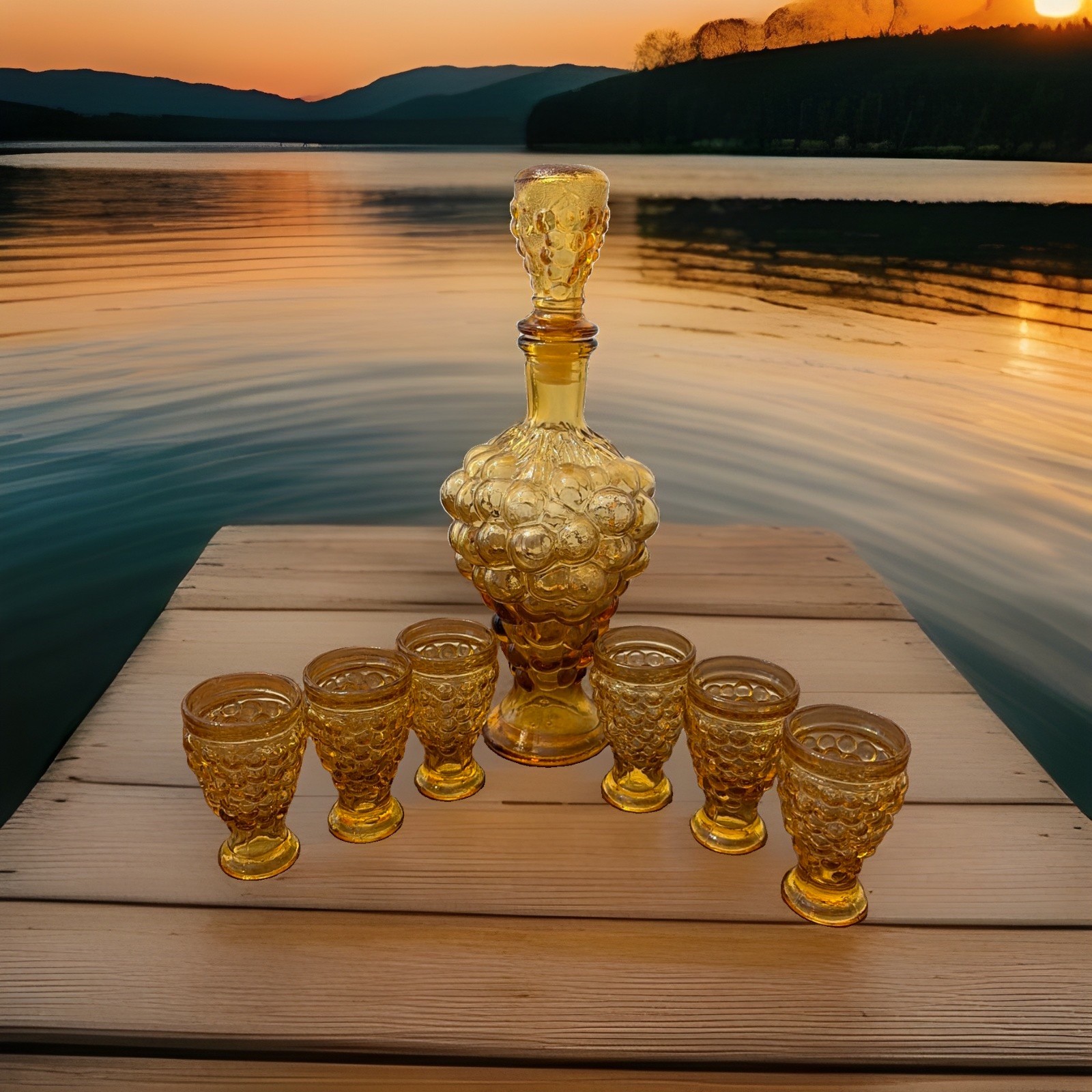 MCM Amber Glass Exquisite Grape/Bubble Decanter, Stopper, 6 Cordial/shot Glasses MCM Amber Glass Exquisite Grape/Bubble Decanter, Stopper, 6 Cordial/shot Glasses