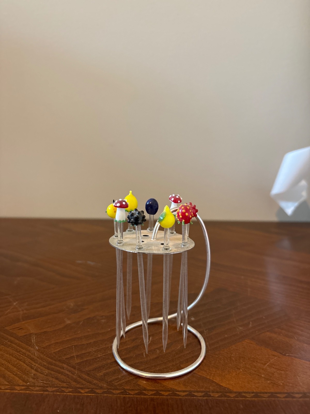 vintage mid-century glass fruit and novelty cocktail picks with a metal stand, p vintage mid-century glass fruit and novelty cocktail picks with a metal stand, p
