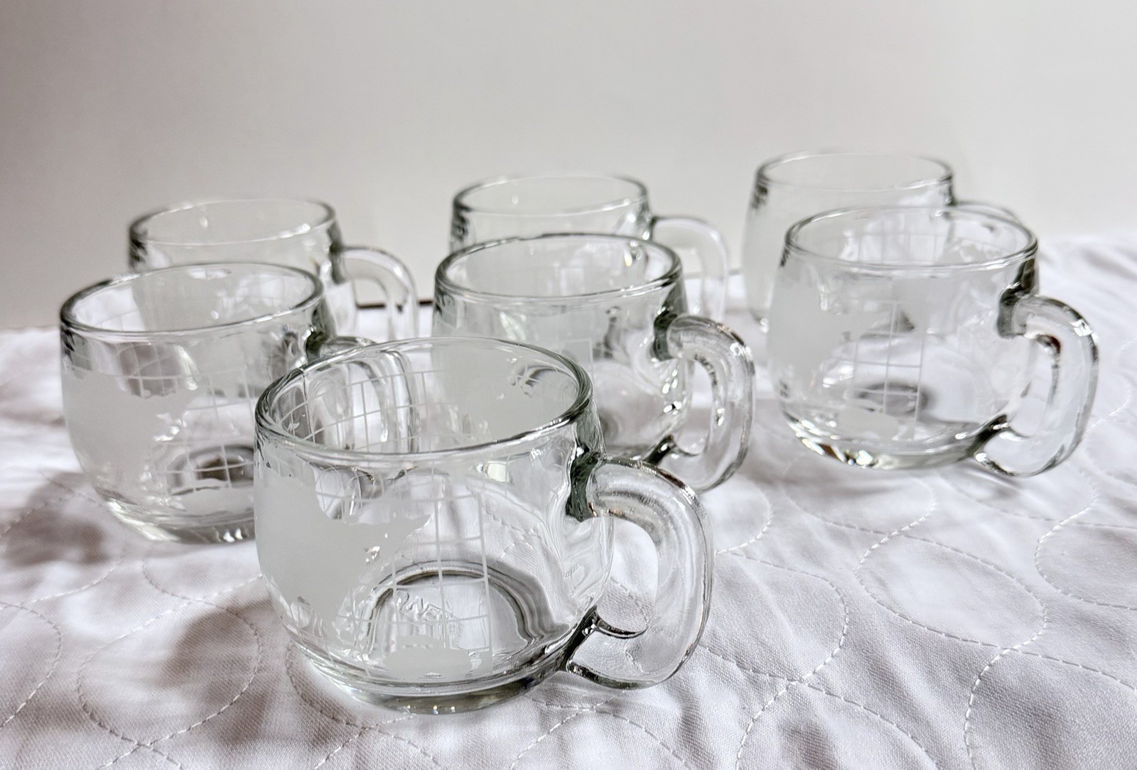 Vintage 1970s Nestlé Nescafé World Globe Frosted Glass Mugs Cups Set Of 7 Vintage 1970s Nestlé Nescafé World Globe Frosted Glass Mugs Cups Set Of 7