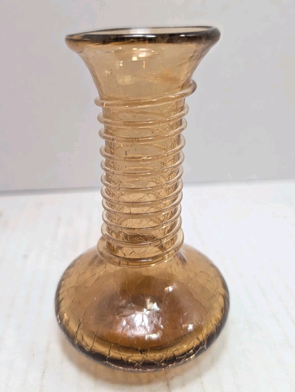 Vintage Crackle Glass Vase Amber Coil Neck Hand Blown 5.5\