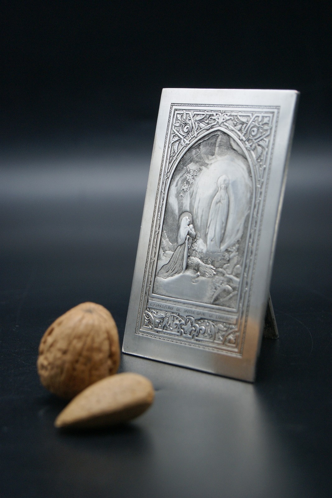 † Antique French Silvered Copper Apparition of Lourdes Plaque Signed B. Wicker †