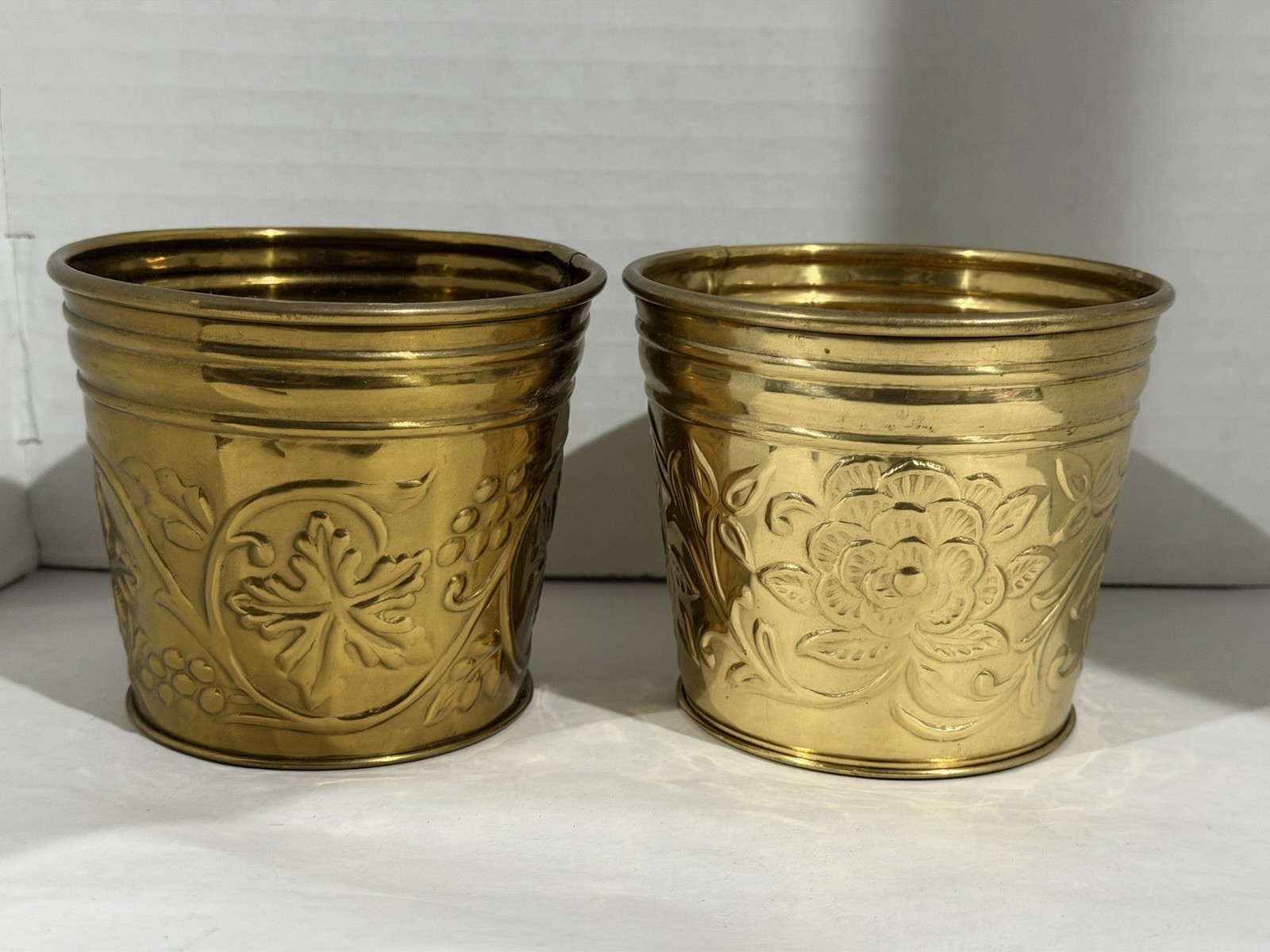 2 Vintage Hosley Solid Brass Floral Embossed Planters Vases 