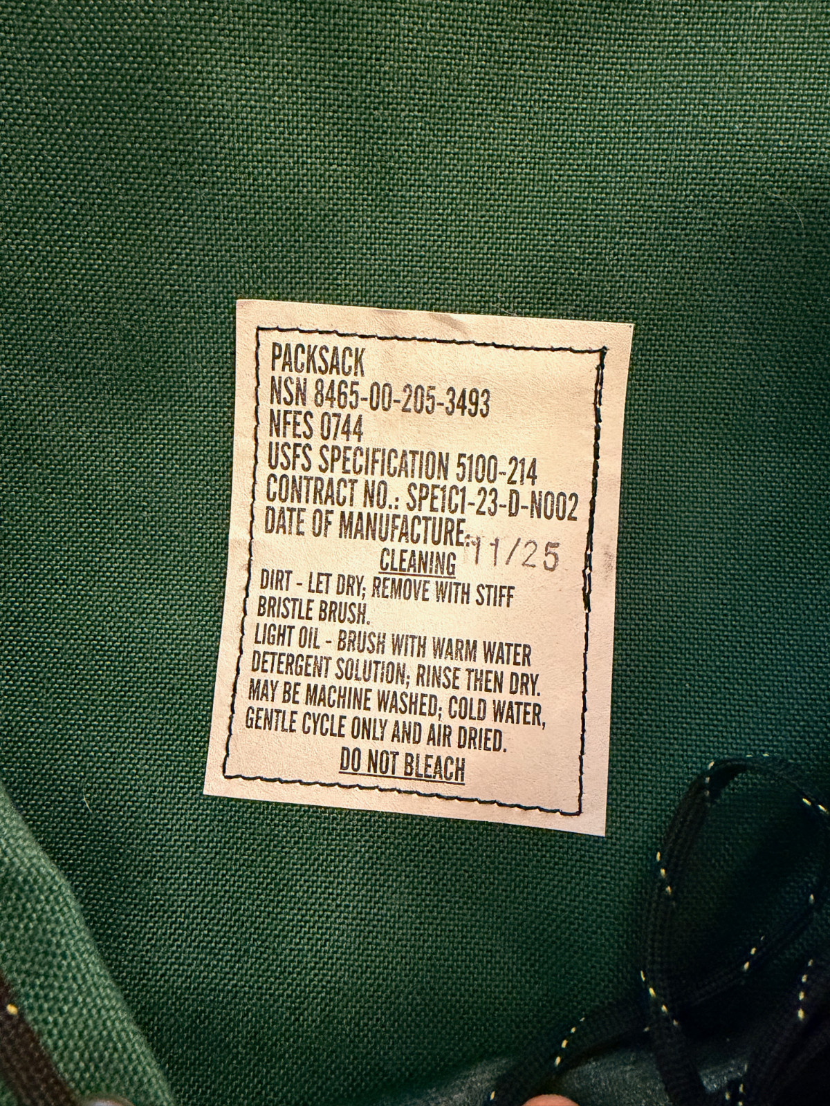 FSS Forest Service Packsack Benchmark Green Backpack w/Hook & Loop for Nametape