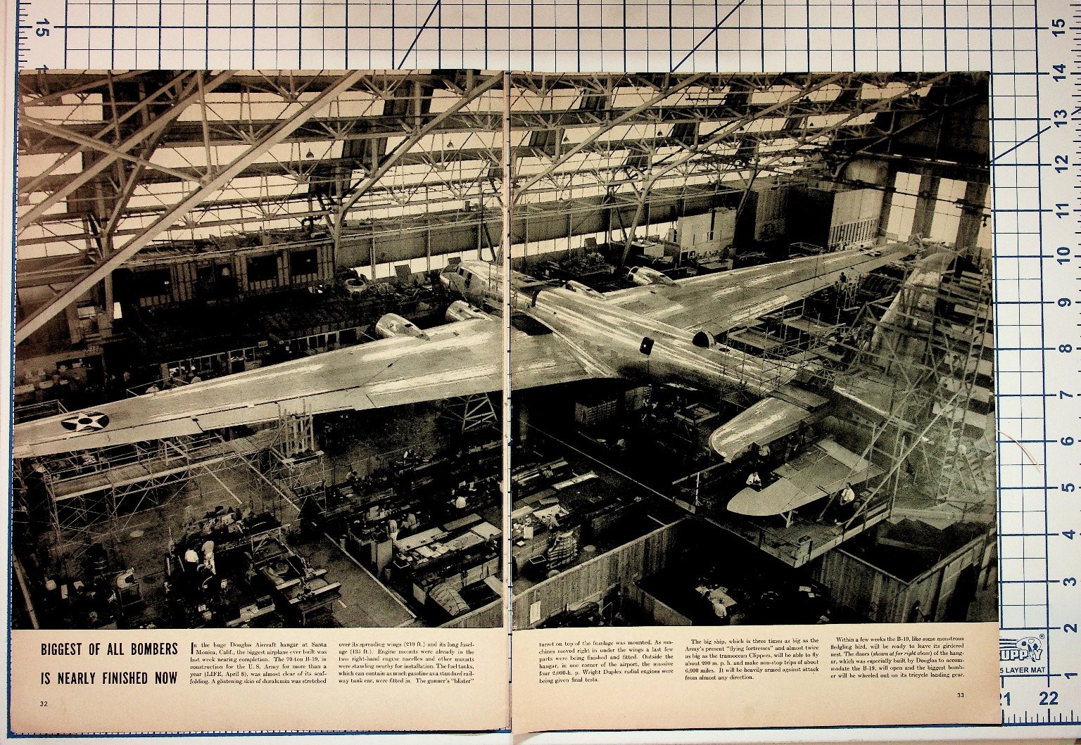 1940s Douglas B-19 Bomber Santa Monica Aircraft Hangar Magazine Print WWII Era