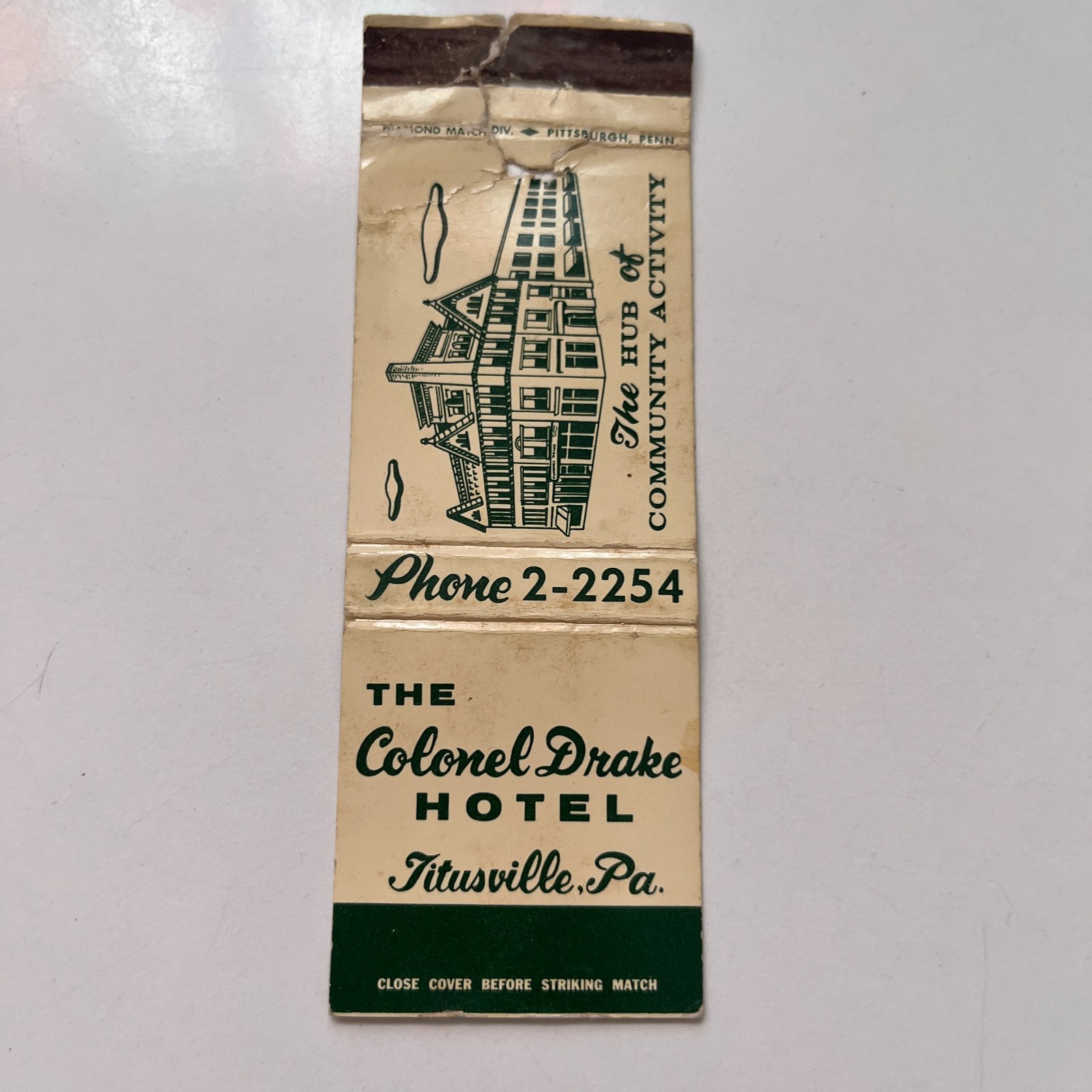 The Colonel Drake Hotel The Hub Titusville PA Vintage Matchbook Cover TMB63-3 The Colonel Drake Hotel The Hub Titusville PA Vintage Matchbook Cover TMB63-3