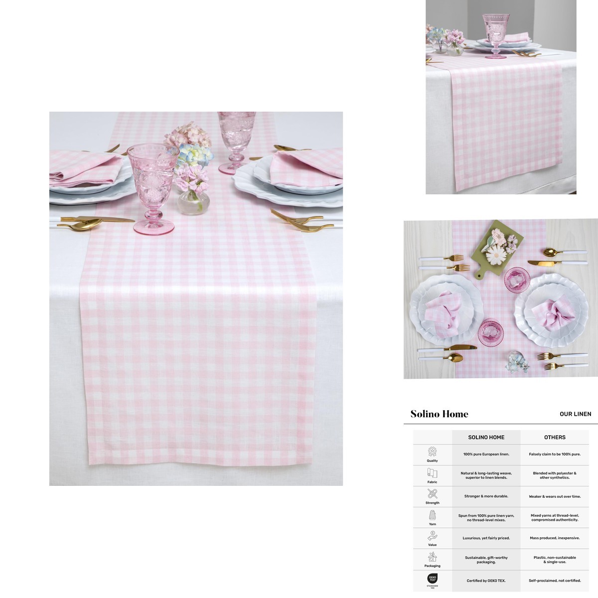 Solino Home 100% Pure Linen Table Runner Pink, Gingham Check 14 x 72 In