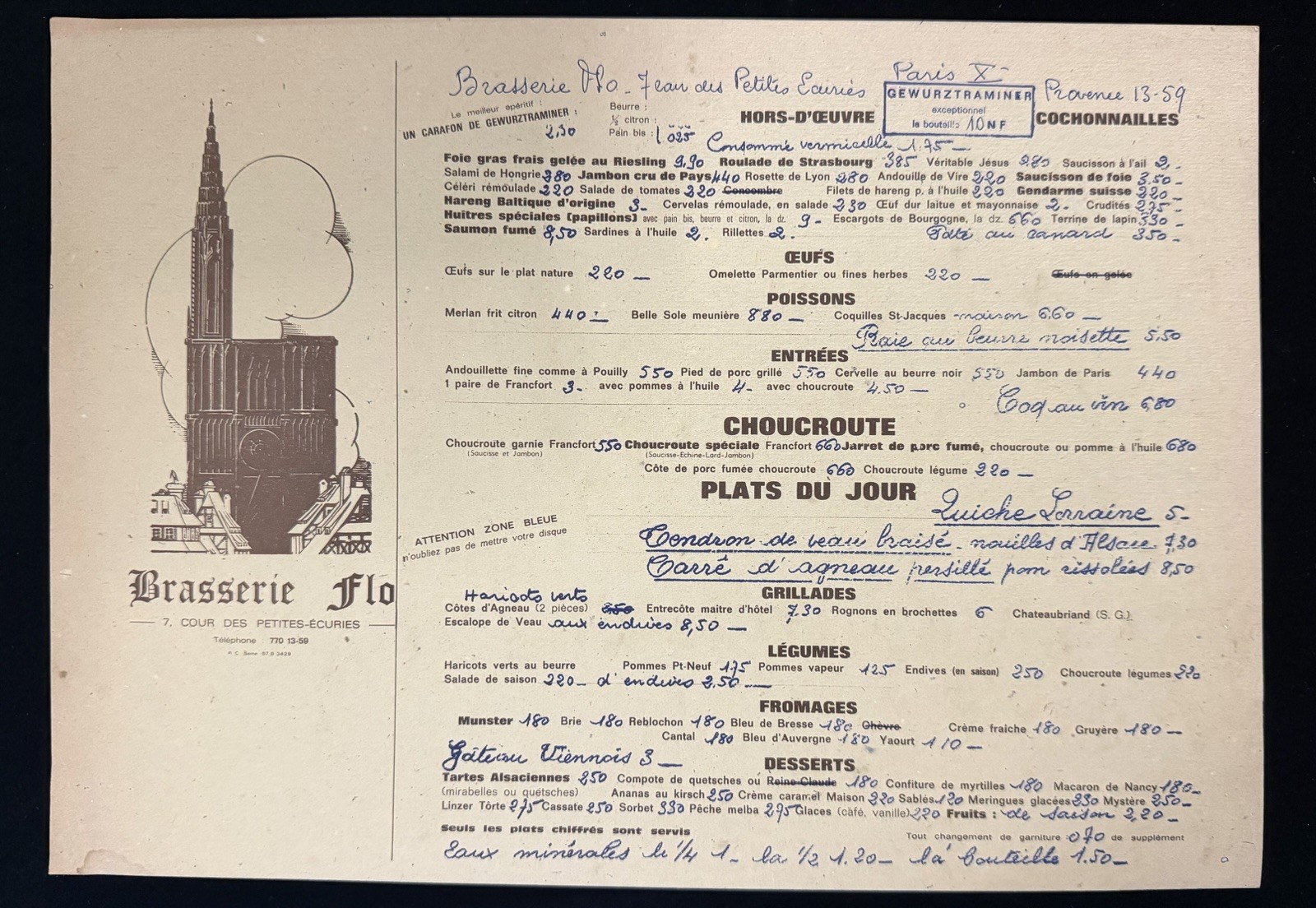 Vintage 1960s Brasserie Flo Paris France French Restaurant Menu Recipe Vintage 1960s Brasserie Flo Paris France French Restaurant Menu Recipe