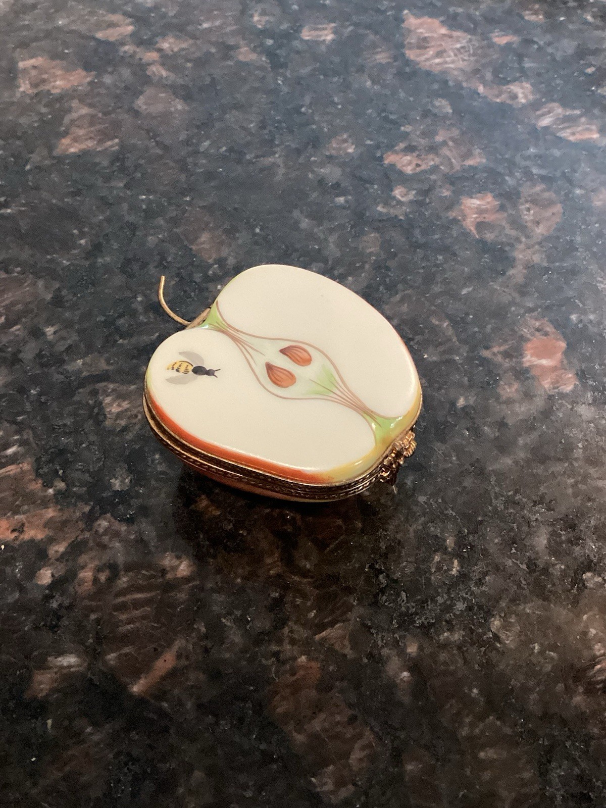RARE Porcelain & Brass Apple Slice With Painted Bee Limoges Trinket Box