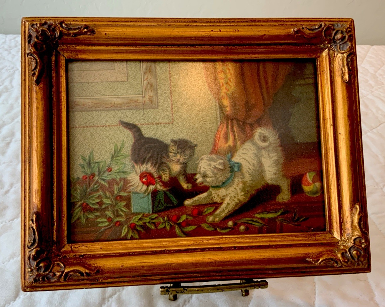 Framed Antique Victorian Ephemera, Print, Kitty Cat, Puppy Dog, Jack In Box