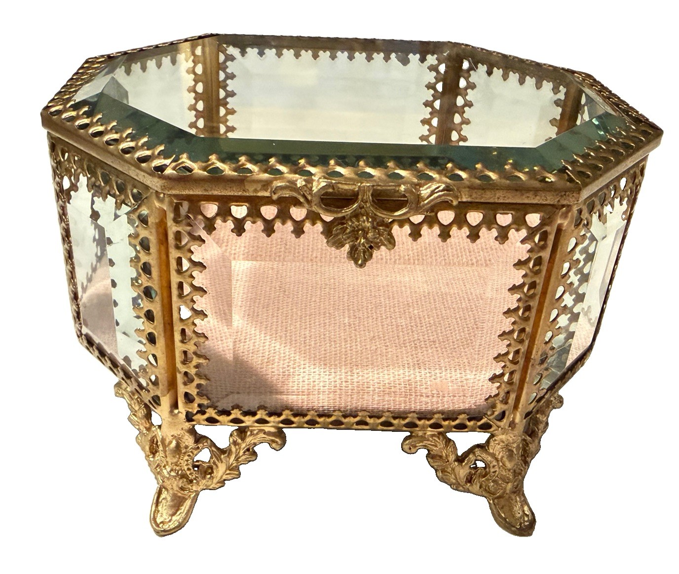 Nicole Miller Octagonal Beveled Glass Jewelry Box Brass Color Filigree Feet 3x5” Nicole Miller Octagonal Beveled Glass Jewelry Box Brass Color Filigree Feet 3x5”