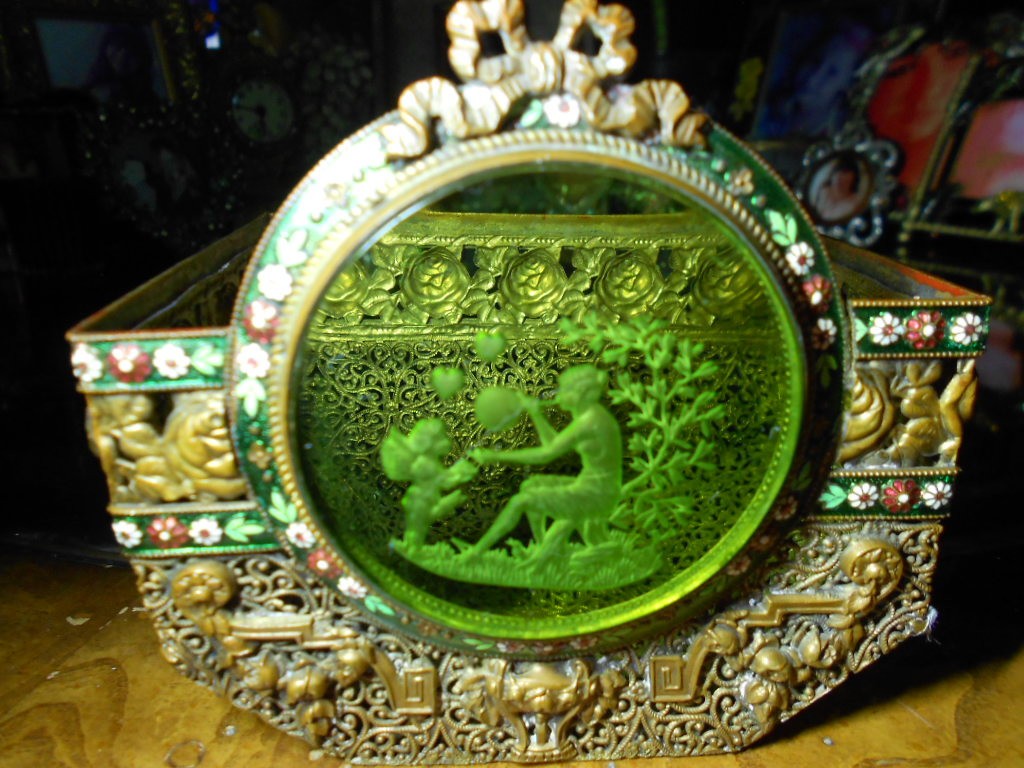 Vintage Ormolu Intagio Cupid and Psyche Green Glass Trinket Basket