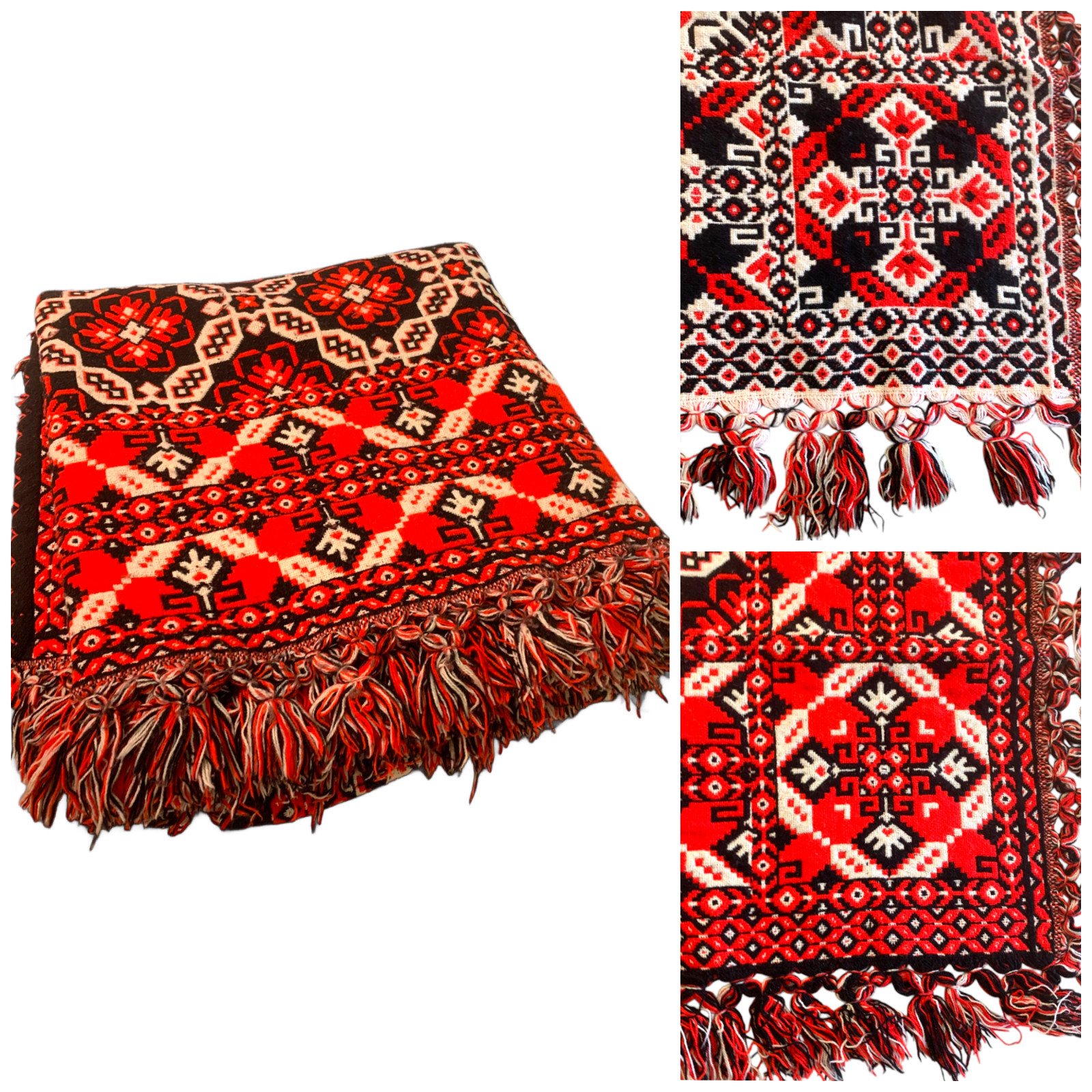 Vtg Welsh Style Wool Reversible Blanket Fringed Tapestry 82x88 Black Red READ
