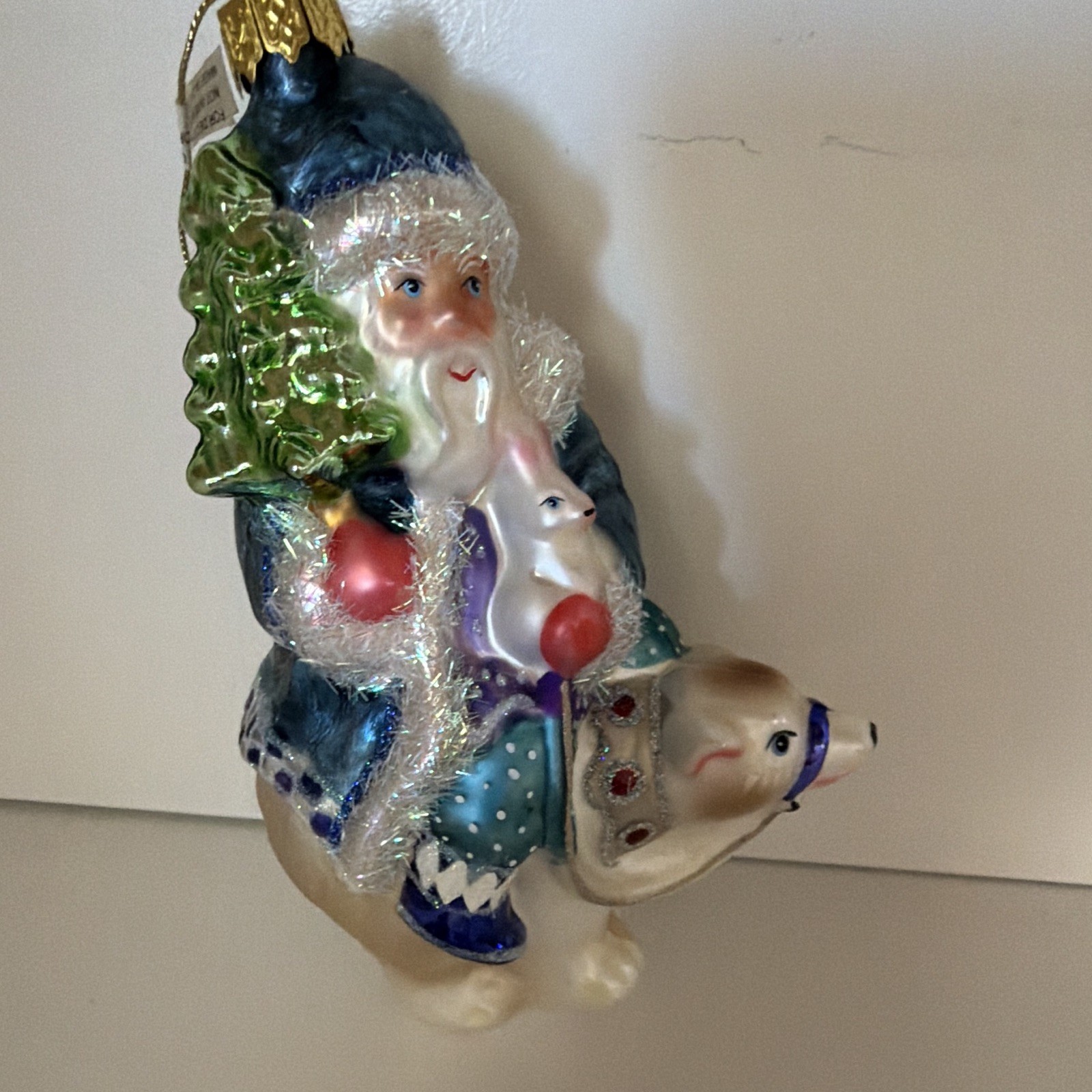 Vintage Santa Riding Polar Bear Glass Christmas Ornament Blue 6” Holiday