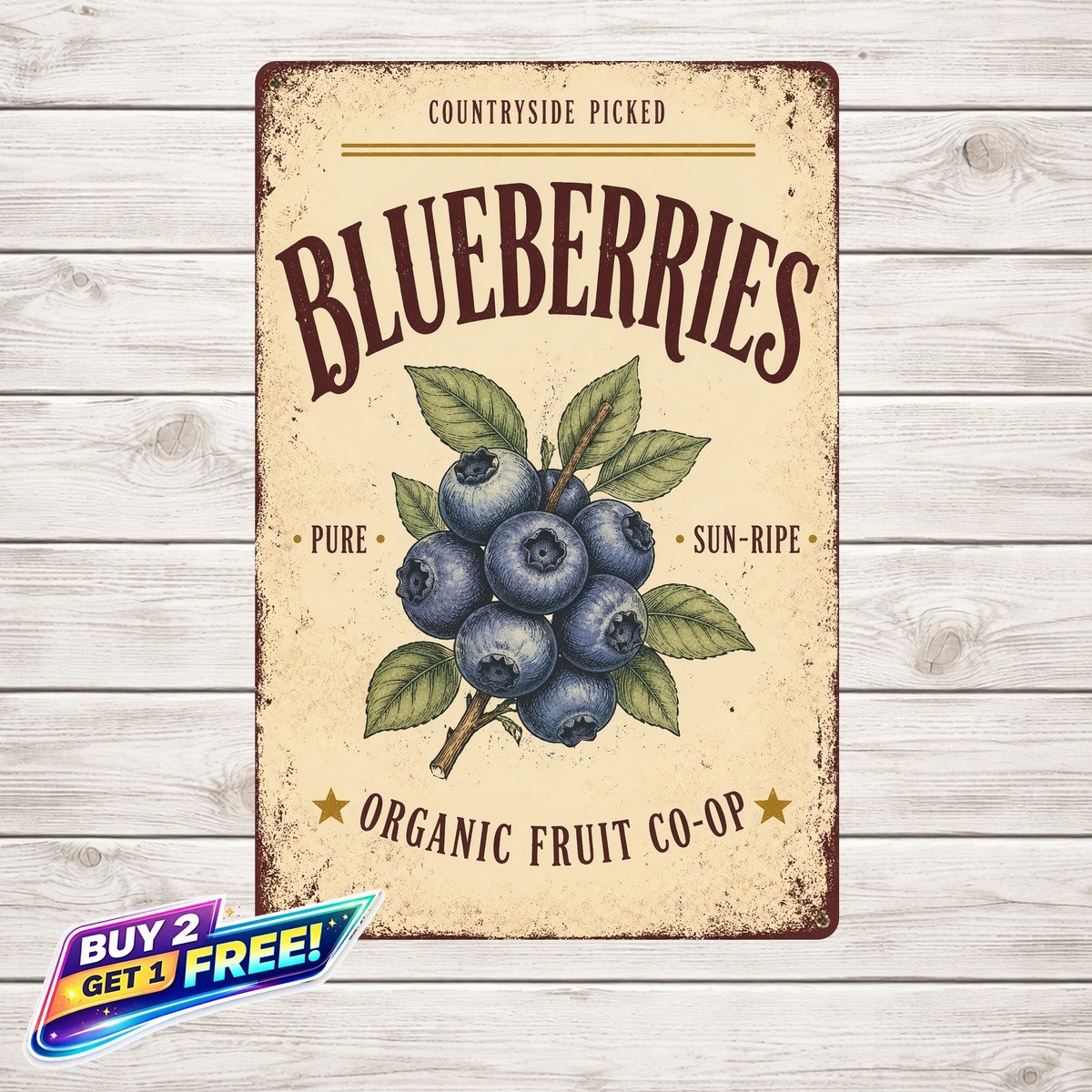 Blueberries Green Leaves Blueberry Farm Metal Tin Sign