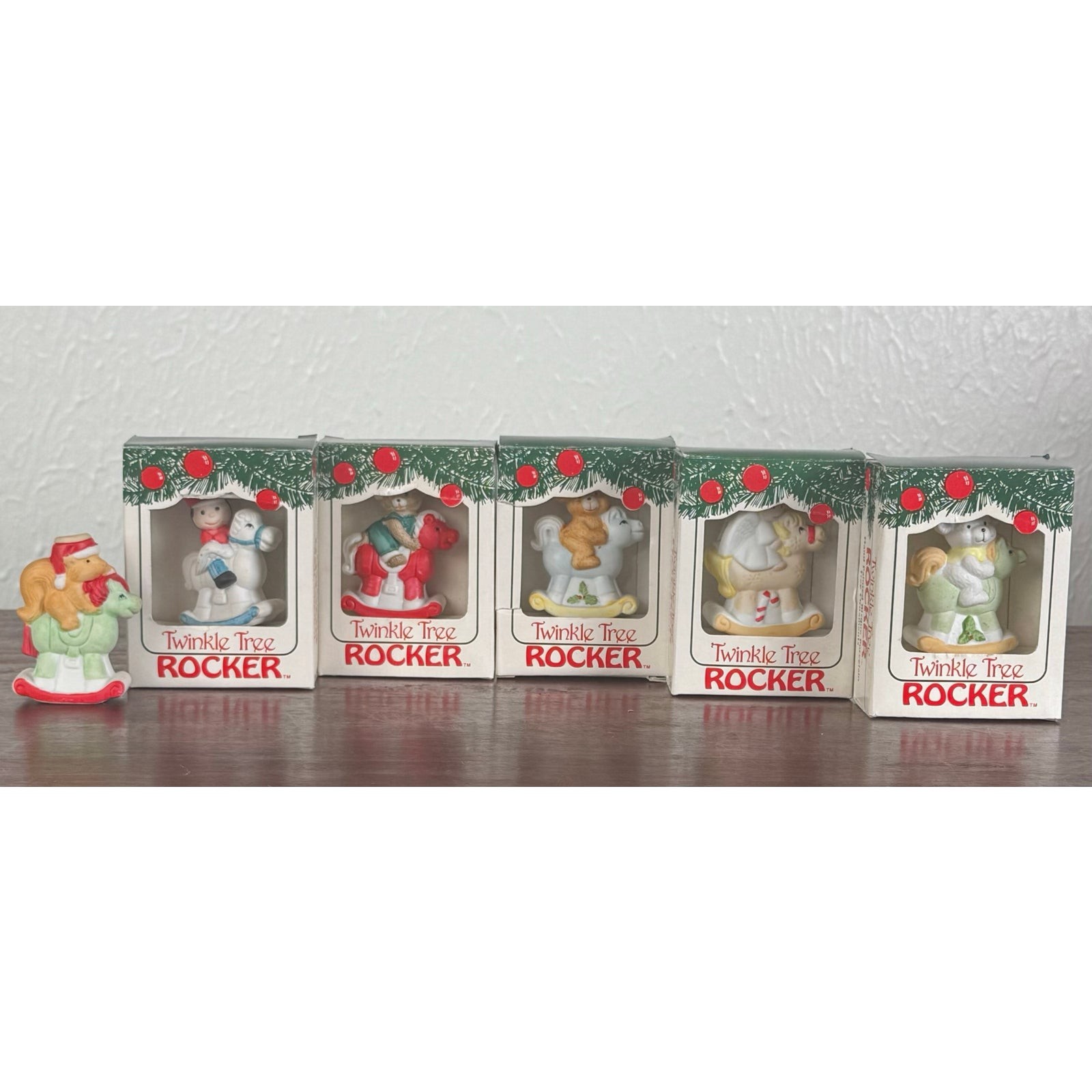 Vintage Jasco Twinkle Tree Rocker Ornaments, Set of 6 Porcelain Horses 5 Boxed