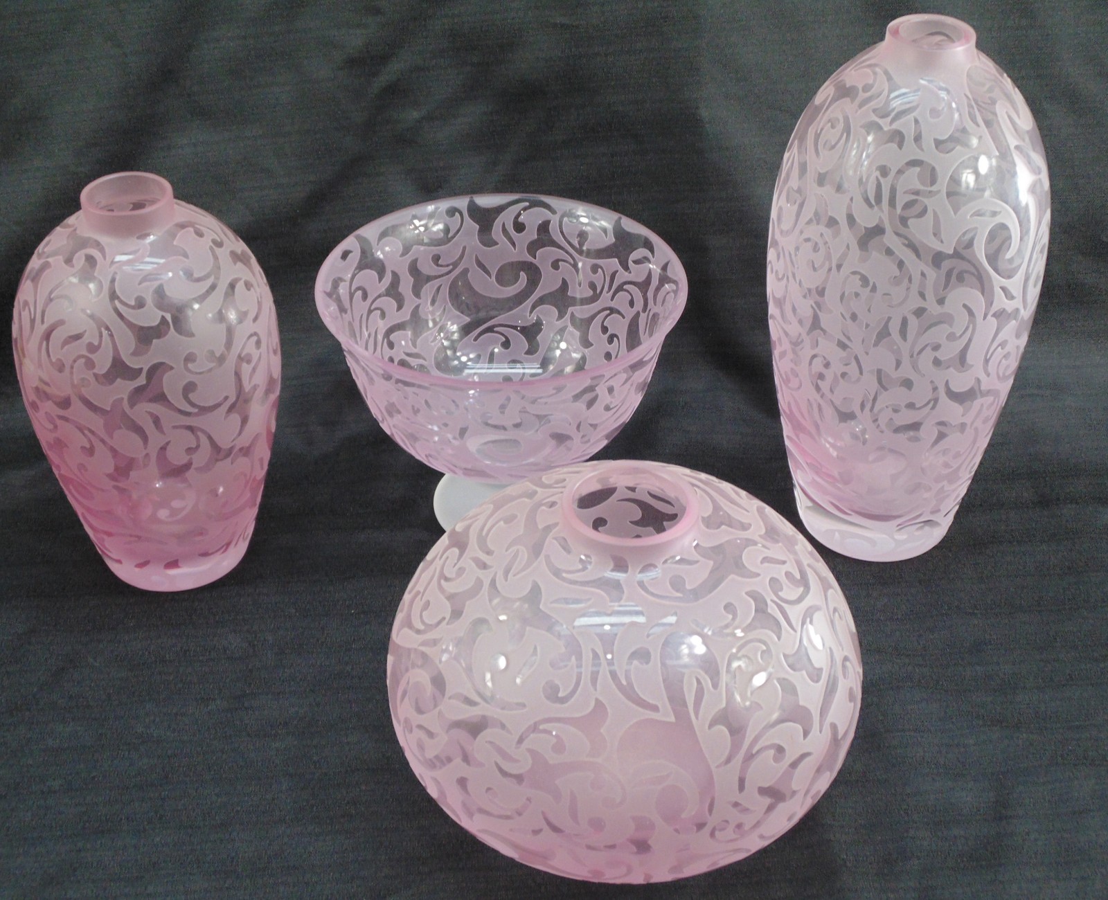 Lot 4 Michael Weems Elise Pink Frosted Etched Glass Vase Bowl Signed