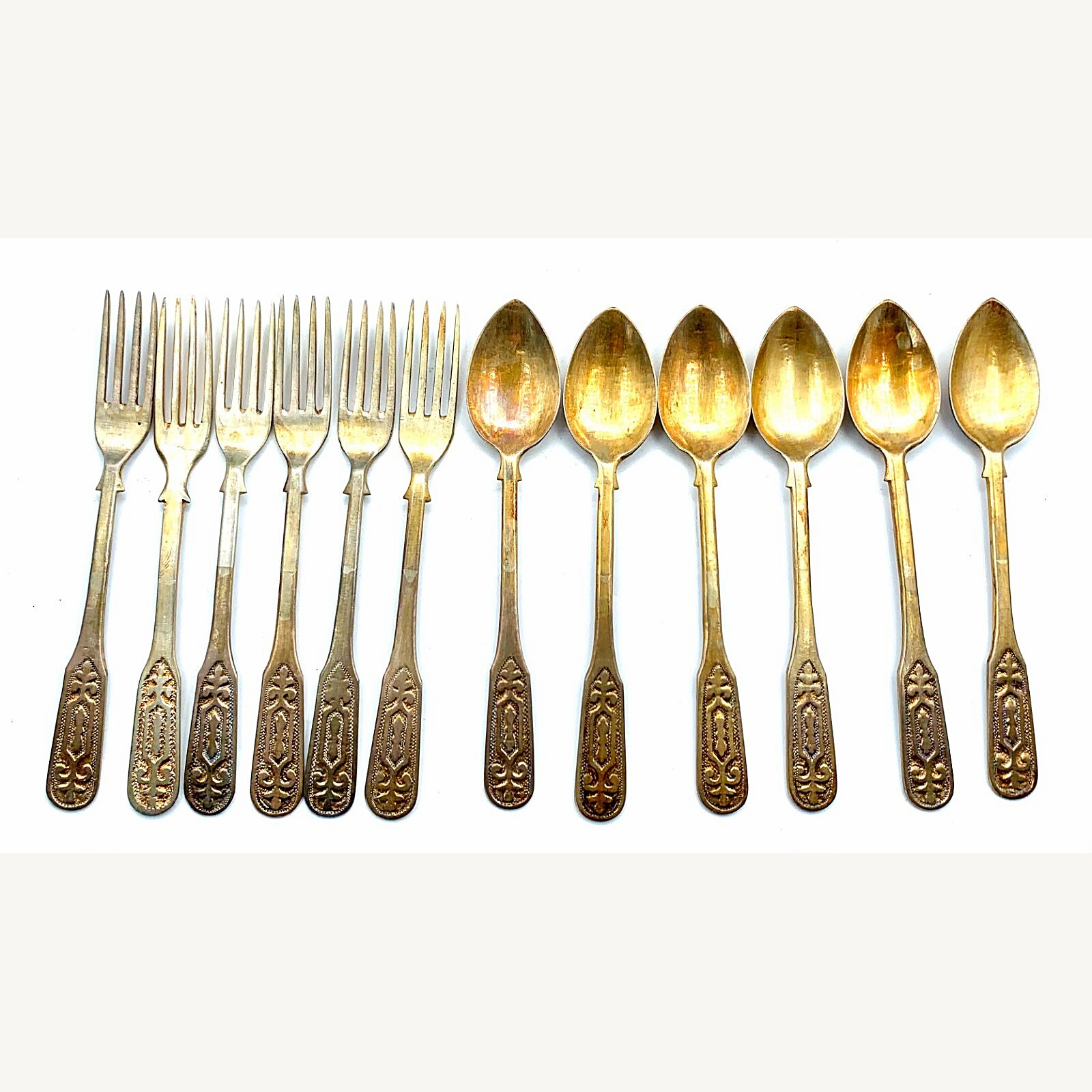 Silver Gilt Cutlery Set 12 Pc c.1930s-40s Holy Land Foliage Bezalel? 196g Silver Gilt Cutlery Set 12 Pc c.1930s-40s Holy Land Foliage Bezalel? 196g
