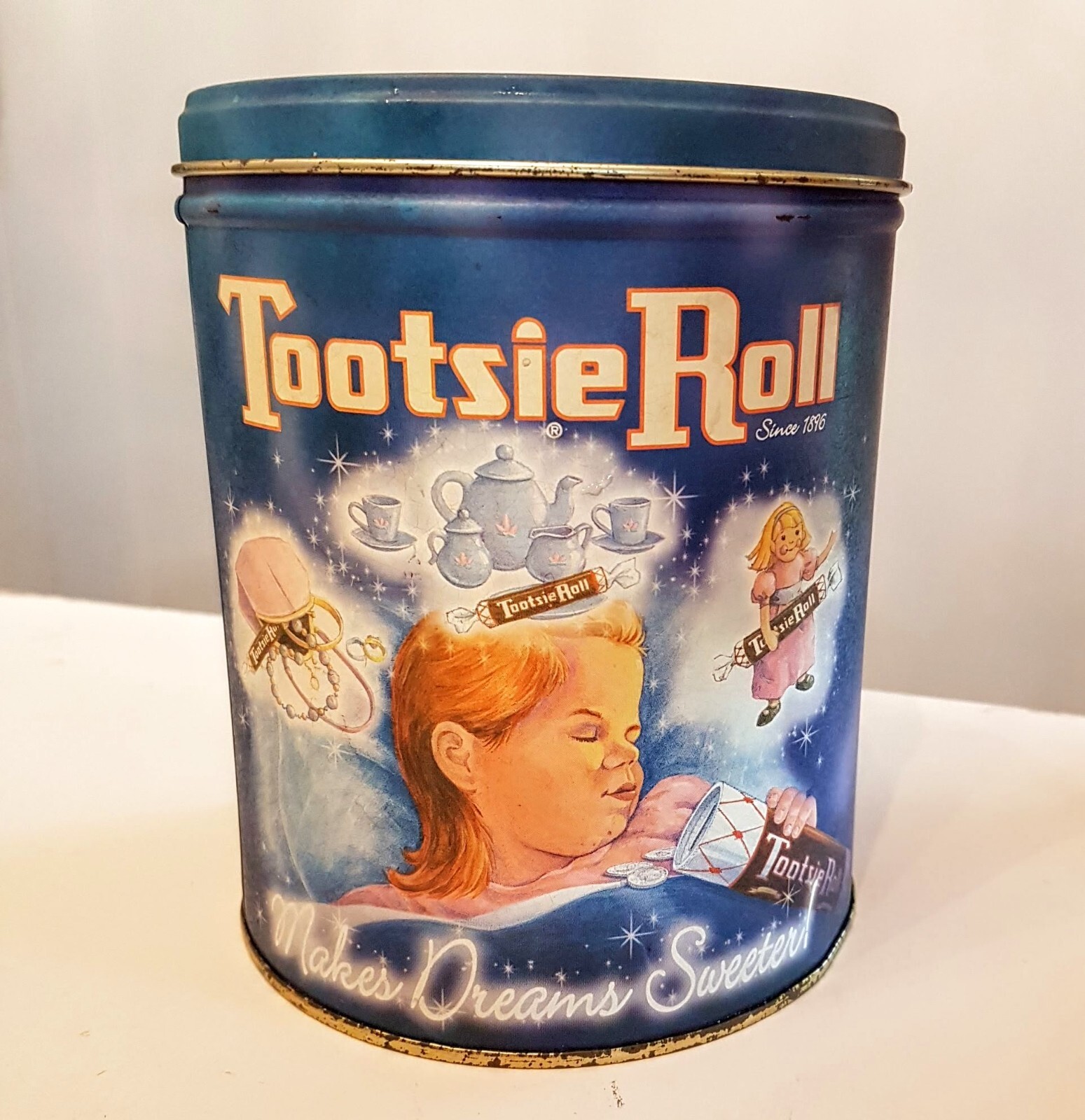 Tootsie Roll Blue Makes Dreams Sweeter Collector Tin Can 16 oz limited edition 7